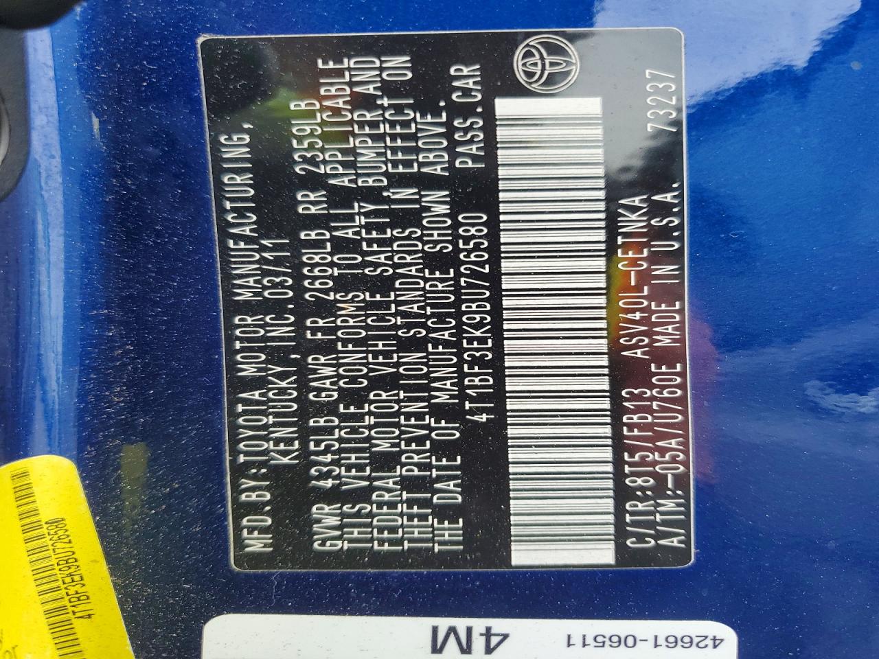 2011 Toyota Camry Le Blue vin: 4T1BF3EK9BU726580