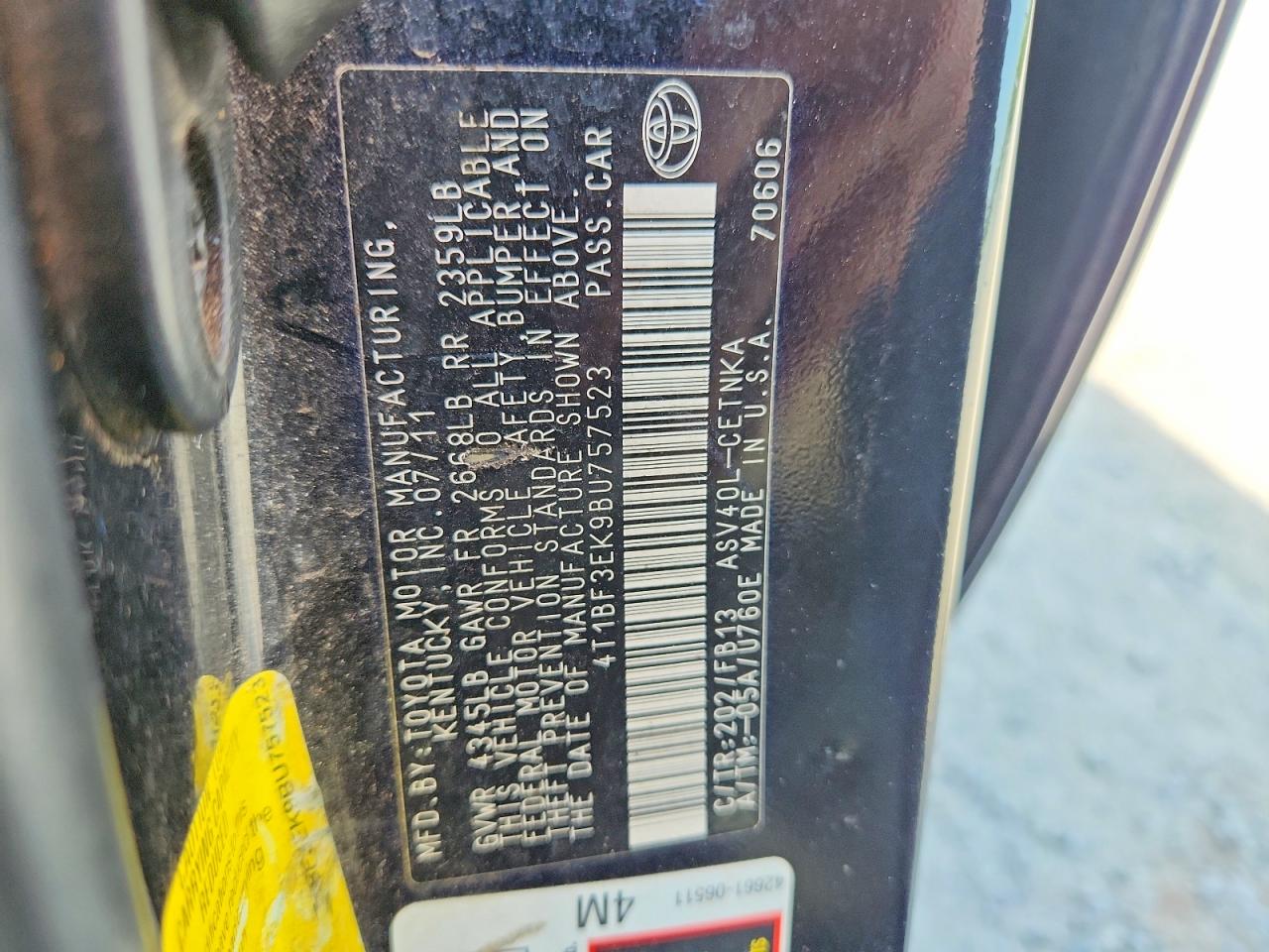 2011 Toyota Camry Base Black vin: 4T1BF3EK9BU757523