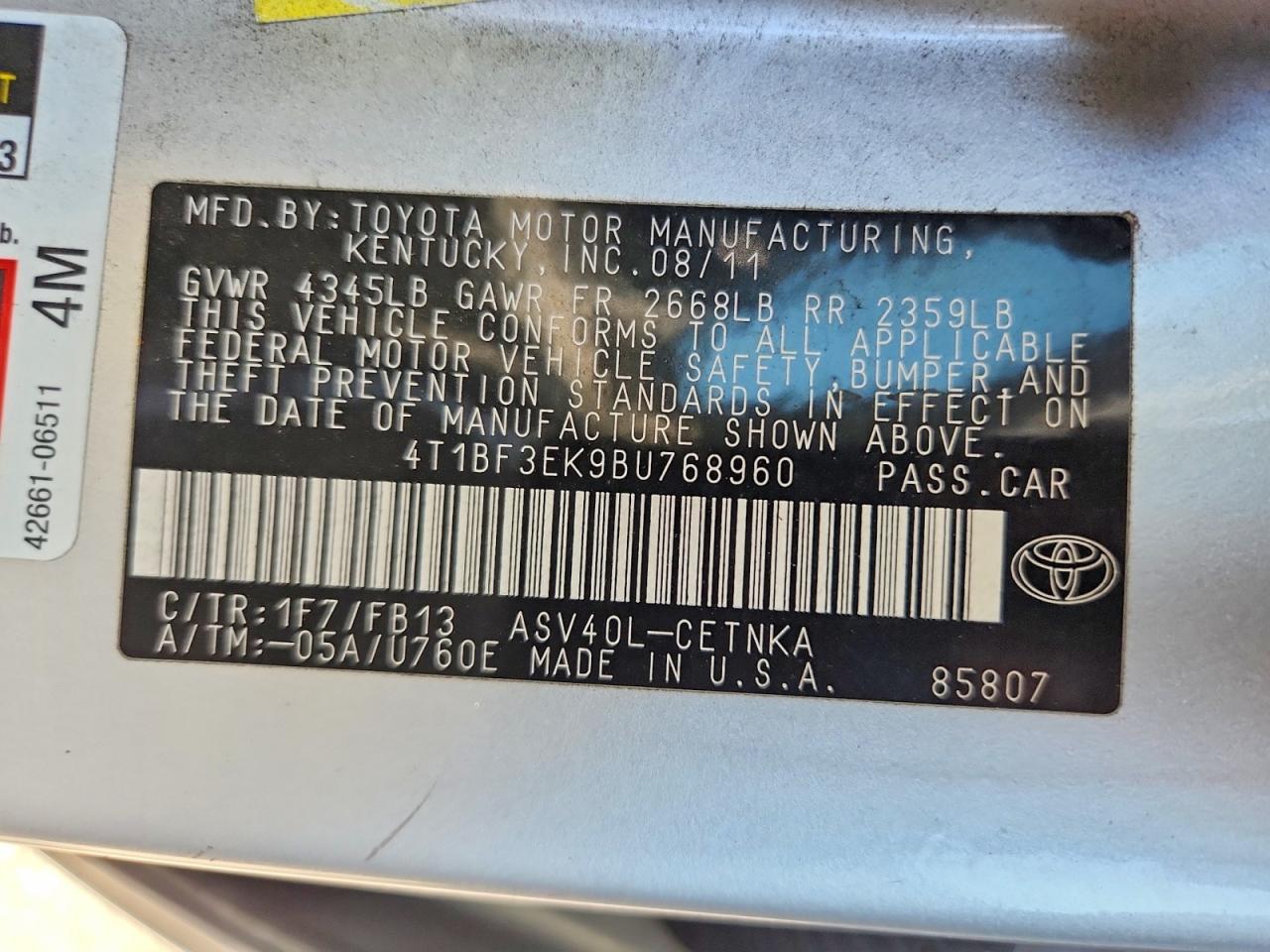 2011 Toyota Camry Le Silver vin: 4T1BF3EK9BU768960
