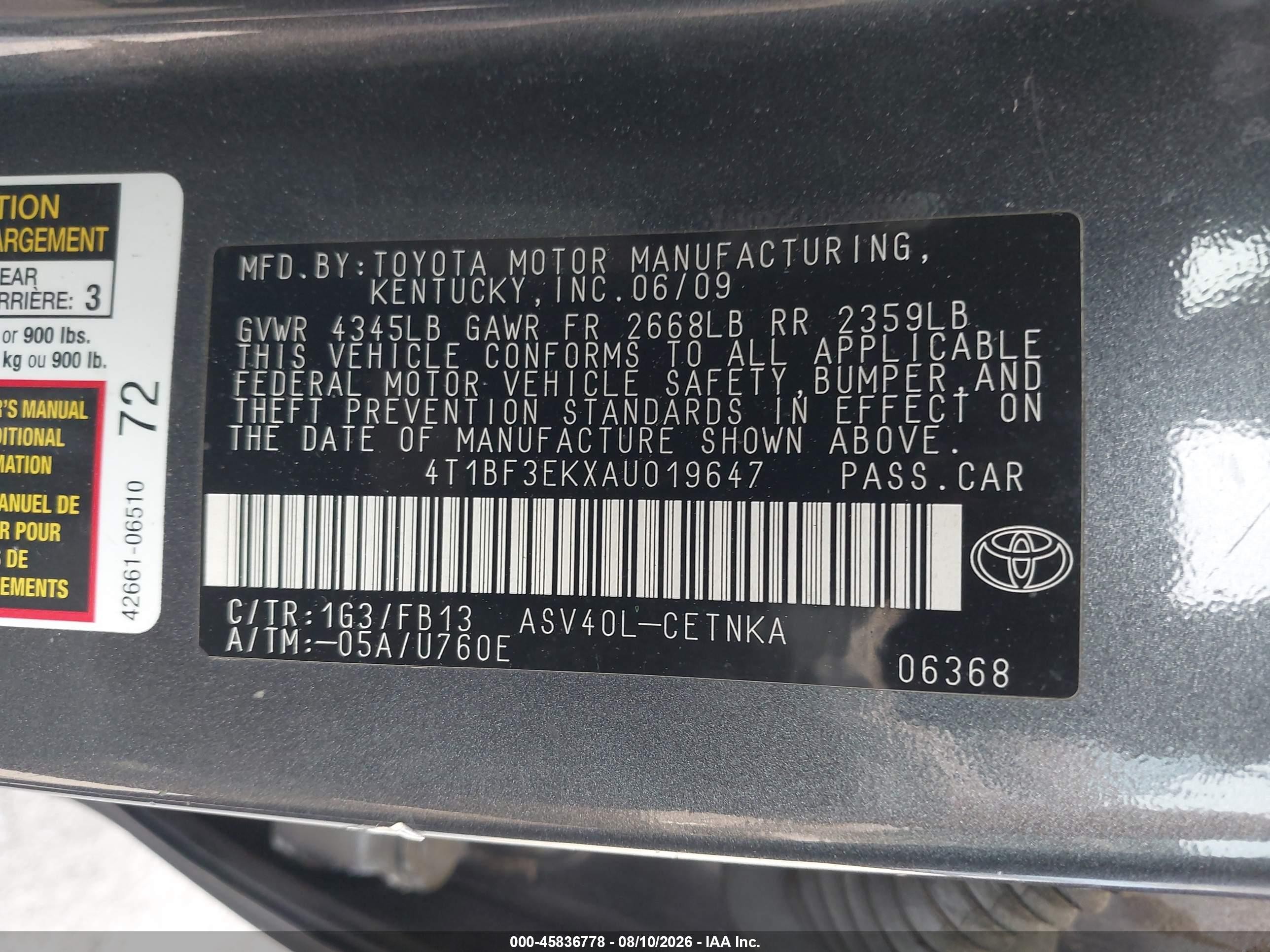2010 Toyota Camry Le Gray vin: 4T1BF3EKXAU019647