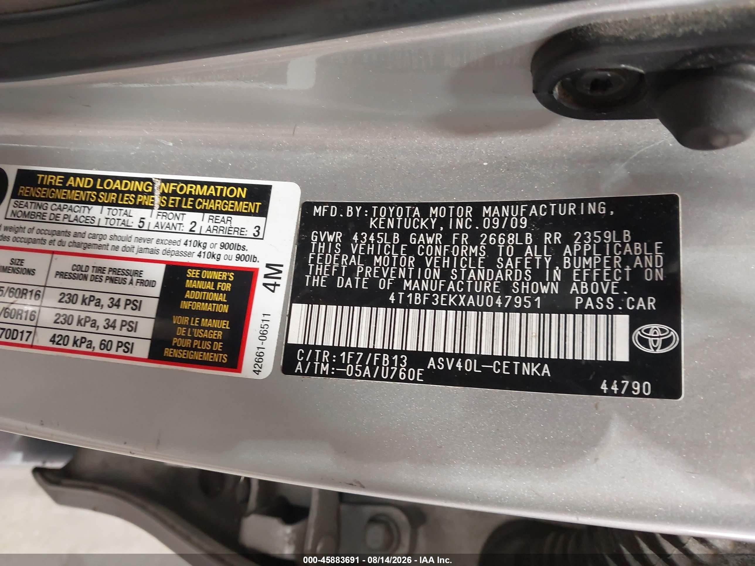 2010 Toyota Camry Le Silver vin: 4T1BF3EKXAU047951