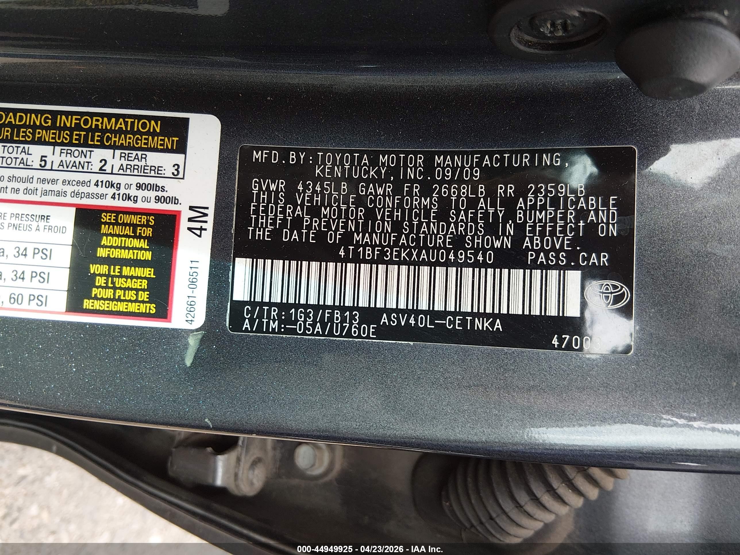 2010 Toyota Camry Le Gray vin: 4T1BF3EKXAU049540