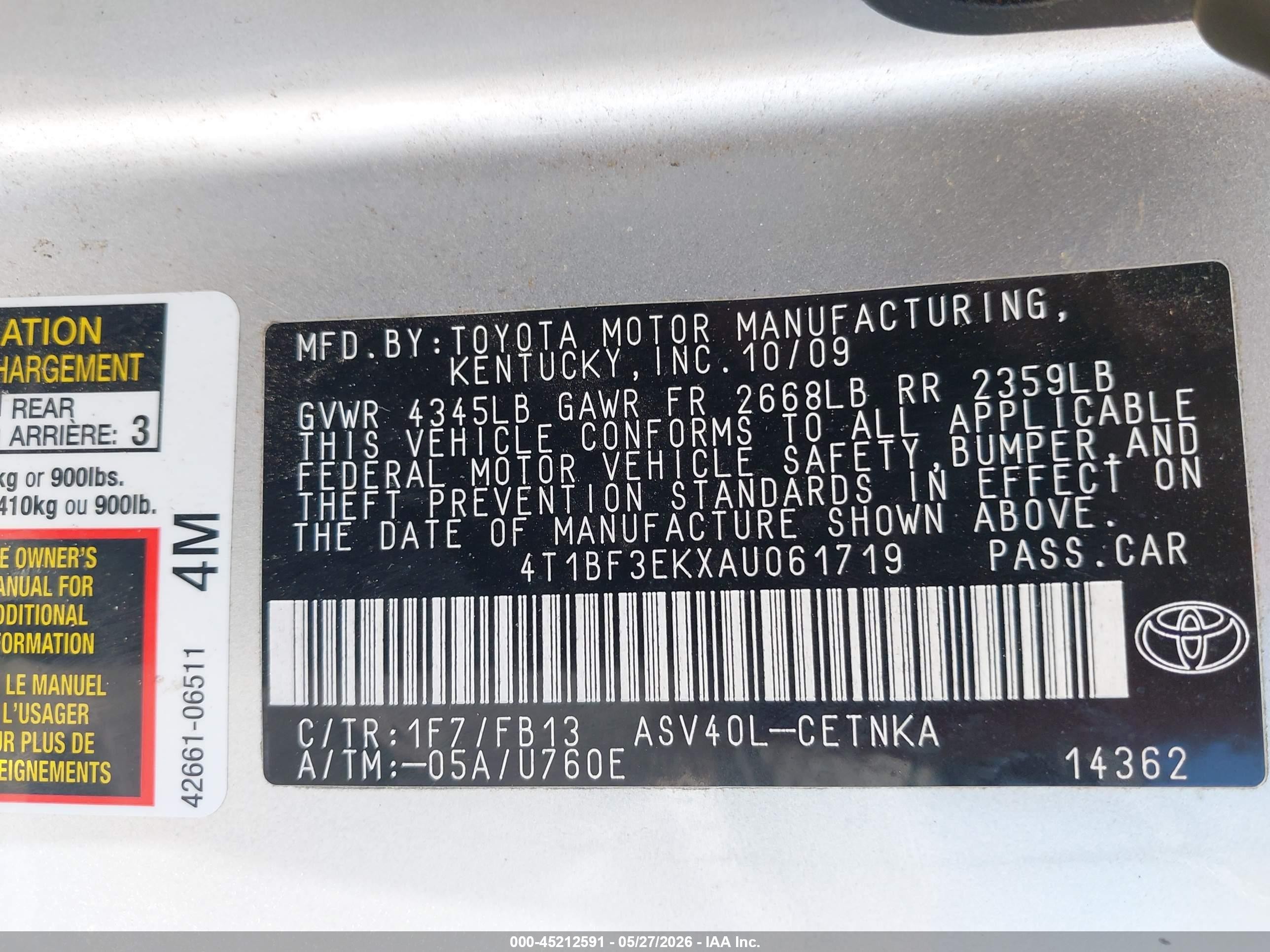 2010 Toyota Camry Le Silver vin: 4T1BF3EKXAU061719