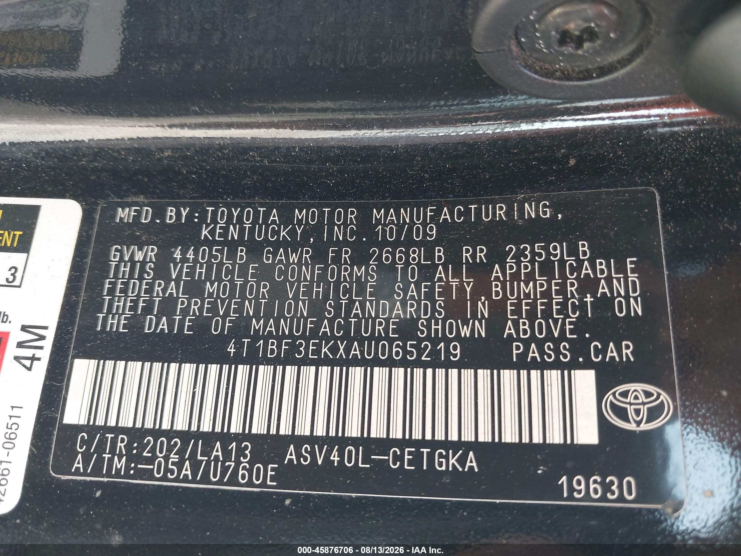 2010 Toyota Camry Xle Black vin: 4T1BF3EKXAU065219