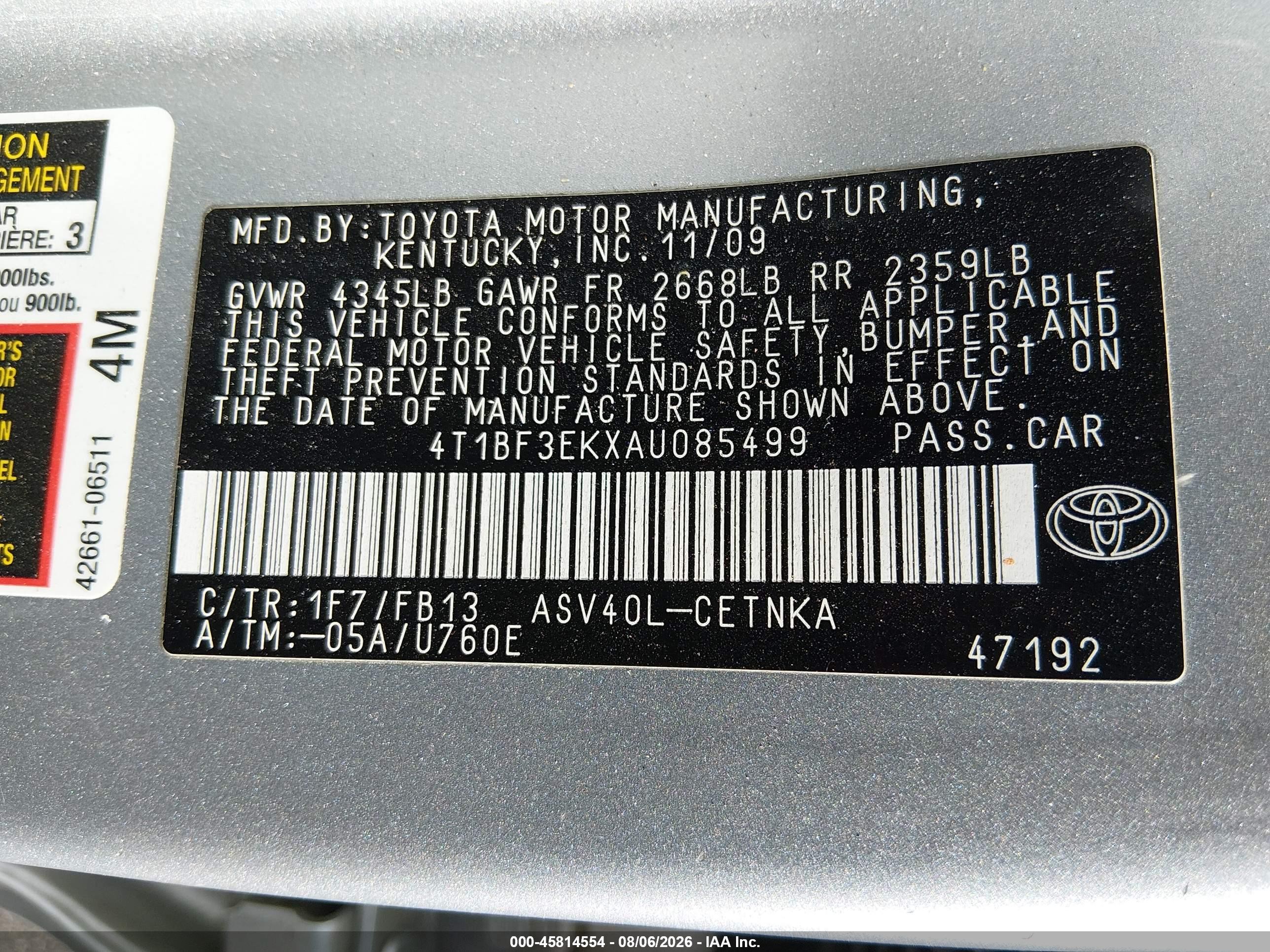 2010 Toyota Camry Le Silver vin: 4T1BF3EKXAU085499