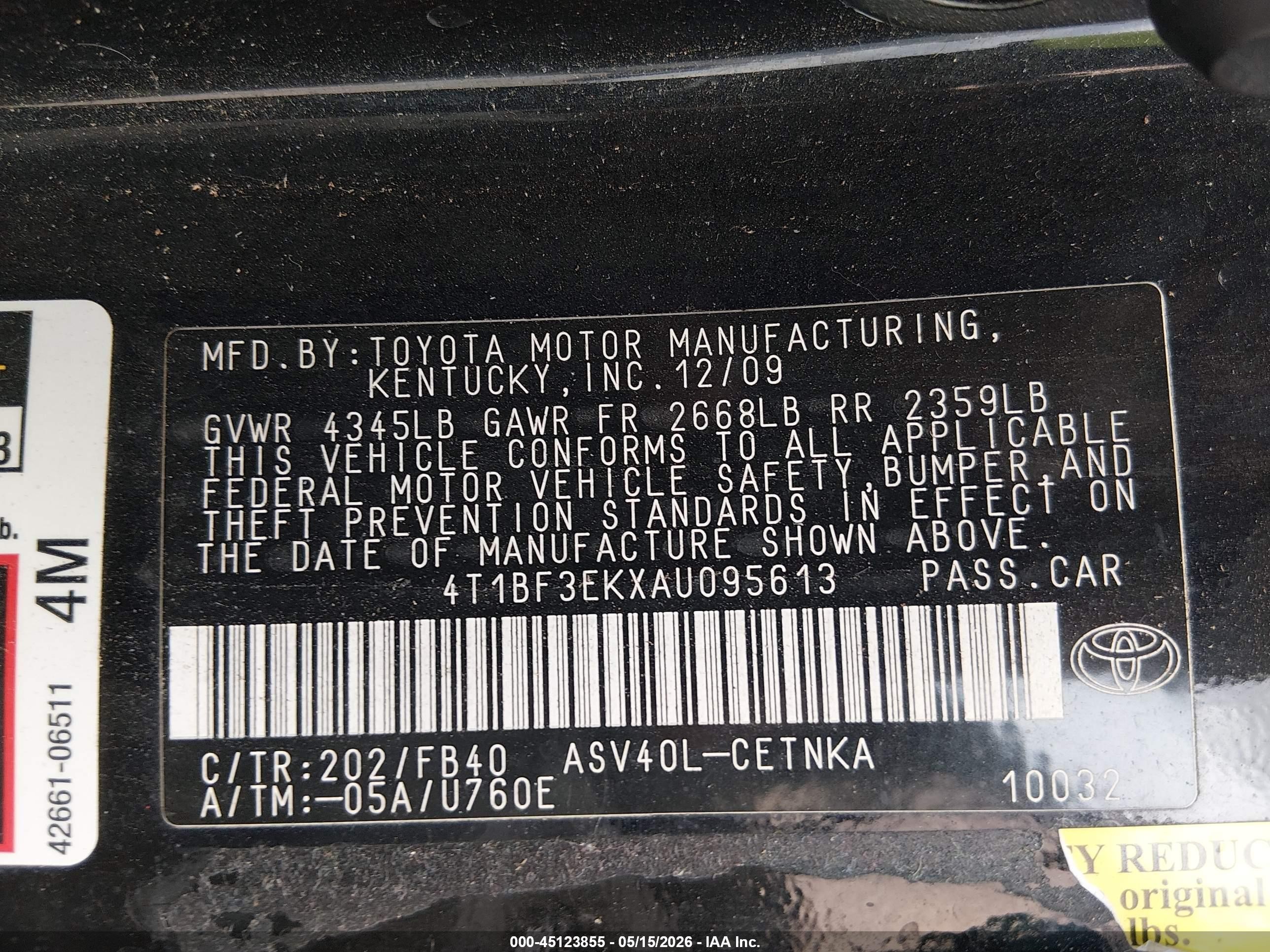 2010 Toyota Camry Le Black vin: 4T1BF3EKXAU095613