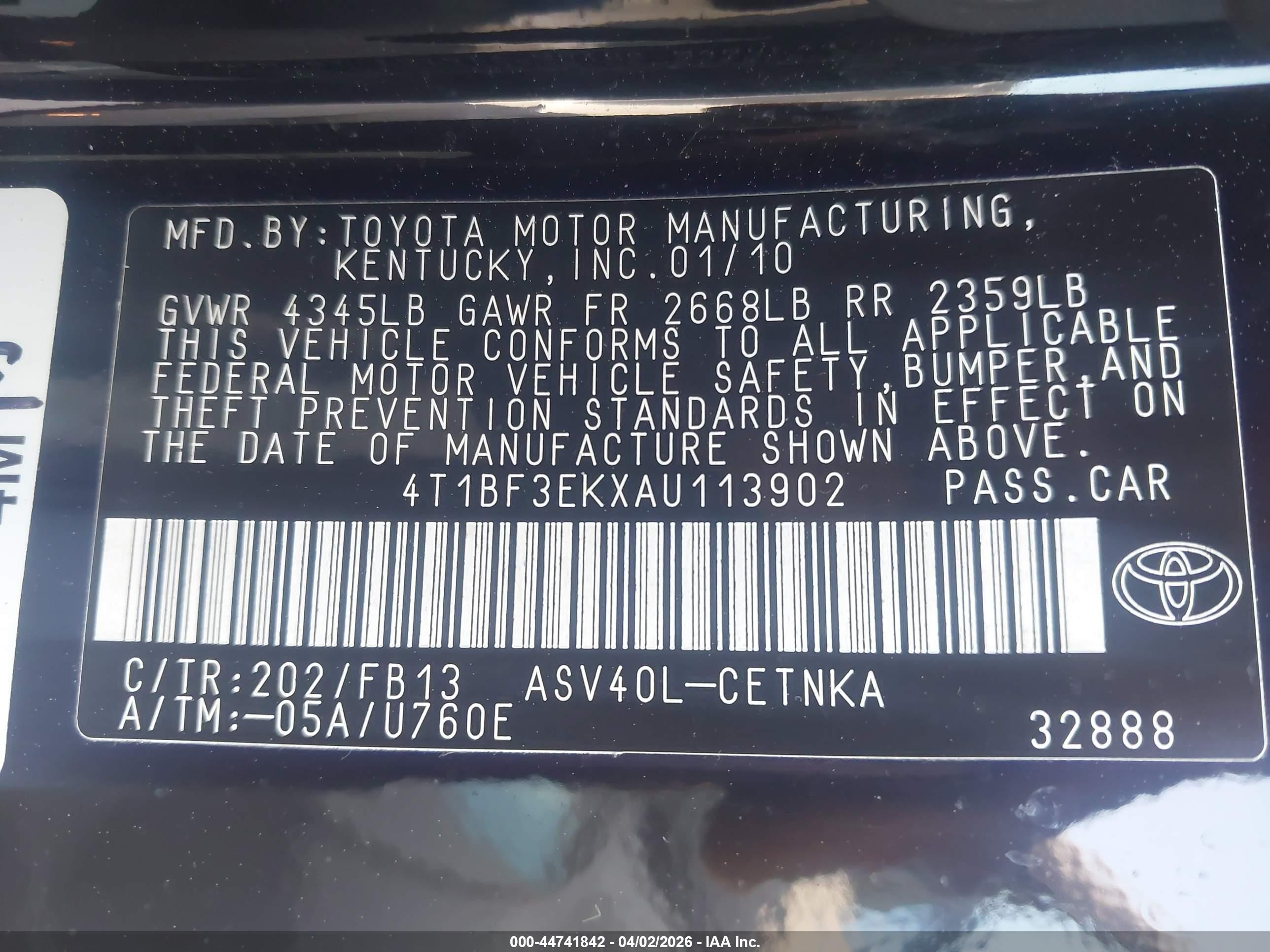 2010 Toyota Camry Le Black vin: 4T1BF3EKXAU113902