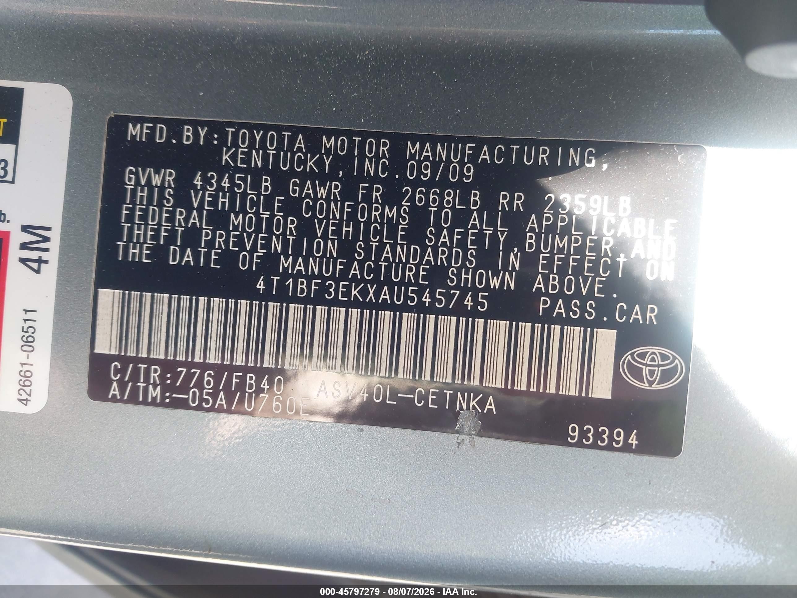 2010 Toyota Camry Le Blue vin: 4T1BF3EKXAU545745