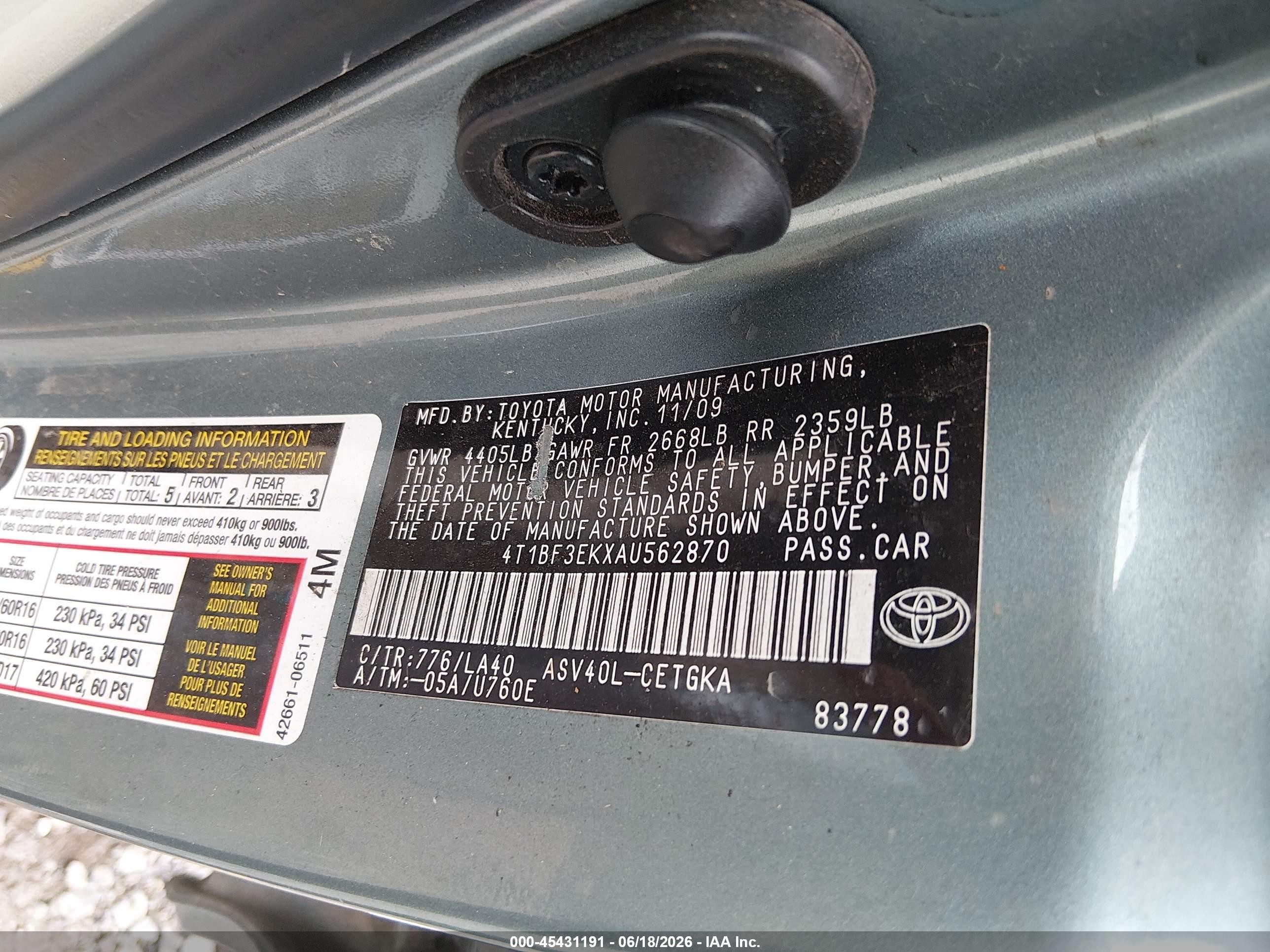 2010 Toyota Camry Xle Teal vin: 4T1BF3EKXAU562870