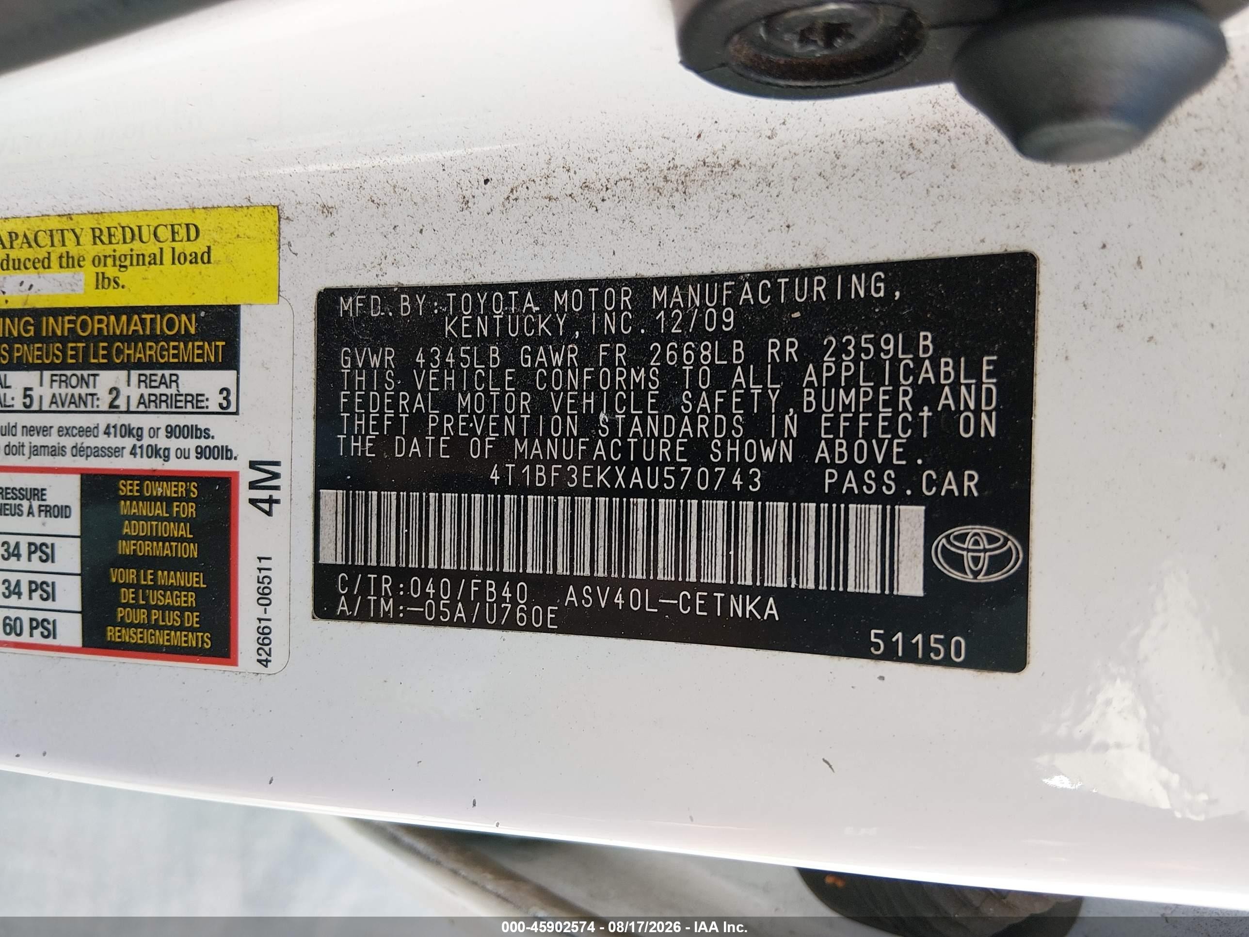 2010 Toyota Camry   White vin: 4T1BF3EKXAU570743