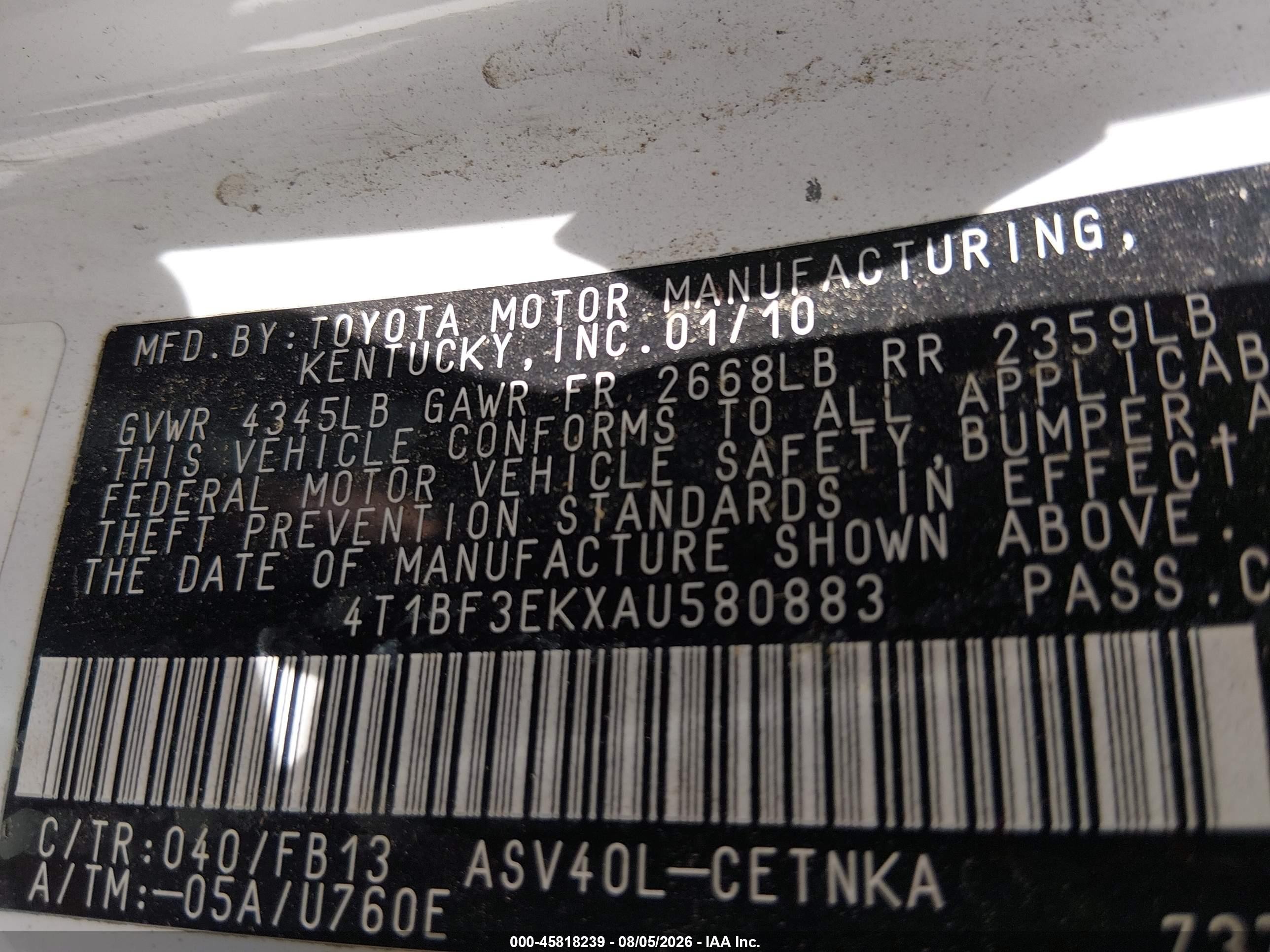 2010 Toyota Camry Le White vin: 4T1BF3EKXAU580883