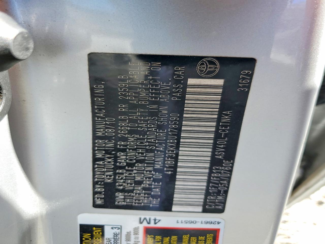 2011 Toyota Camry Le Silver vin: 4T1BF3EKXBU178590
