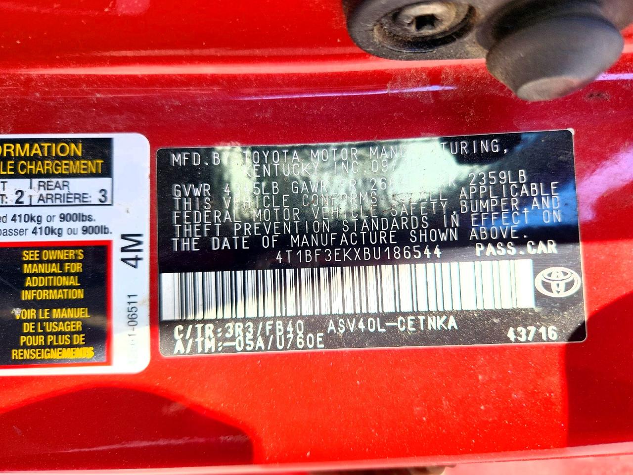 2011 Toyota Camry Le Red vin: 4T1BF3EKXBU186544