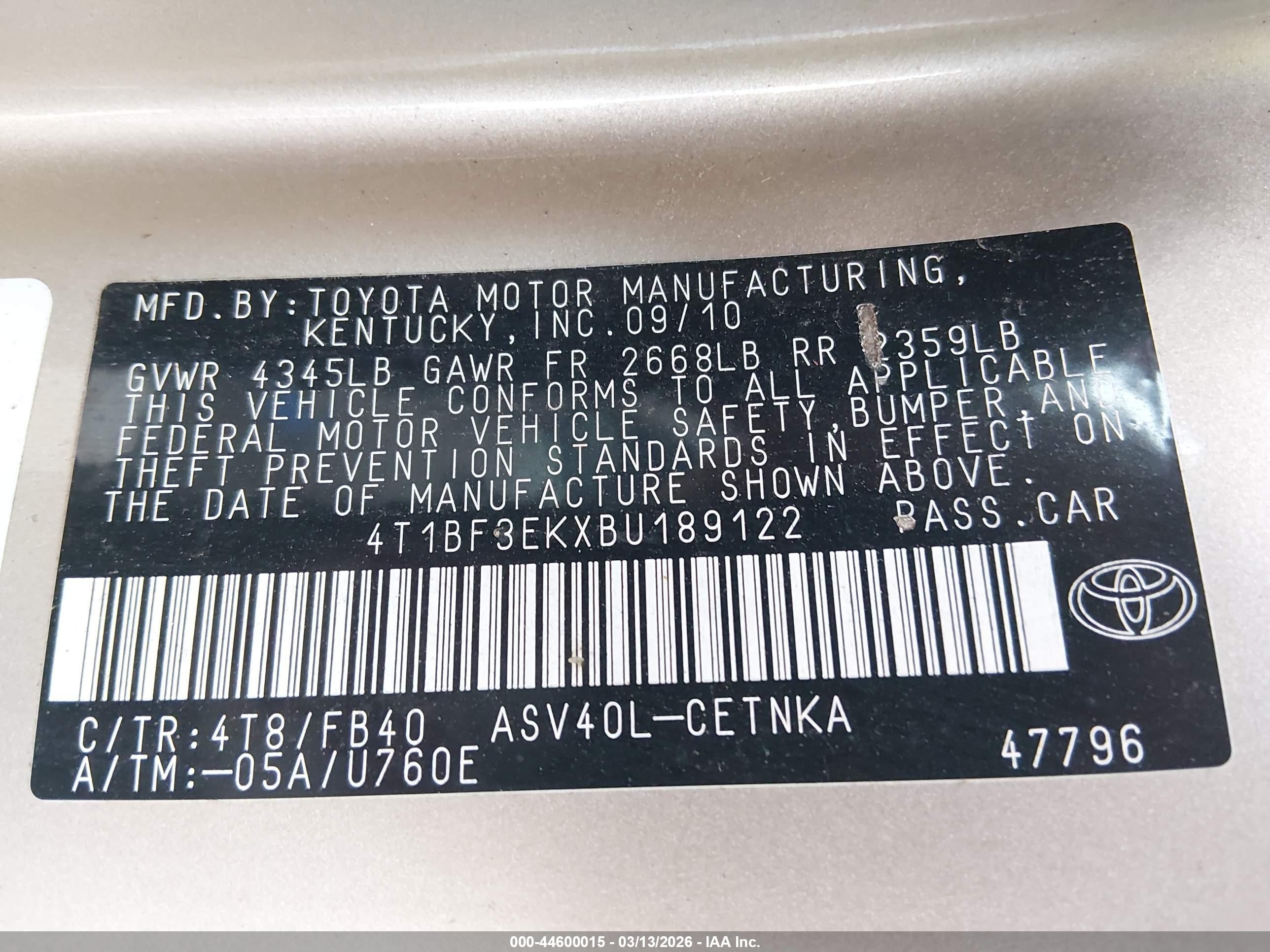 2011 Toyota Camry Le Champagne vin: 4T1BF3EKXBU189122