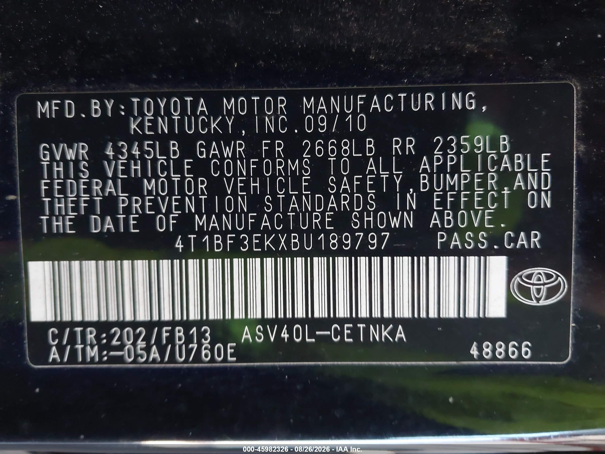 2011 Toyota Camry Le Black vin: 4T1BF3EKXBU189797