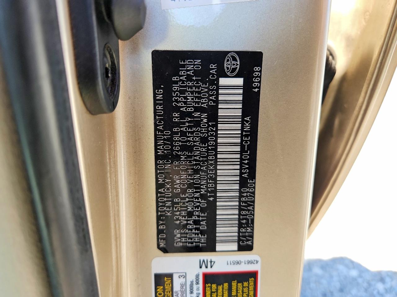 2011 Toyota Camry Le Cream vin: 4T1BF3EKXBU190321