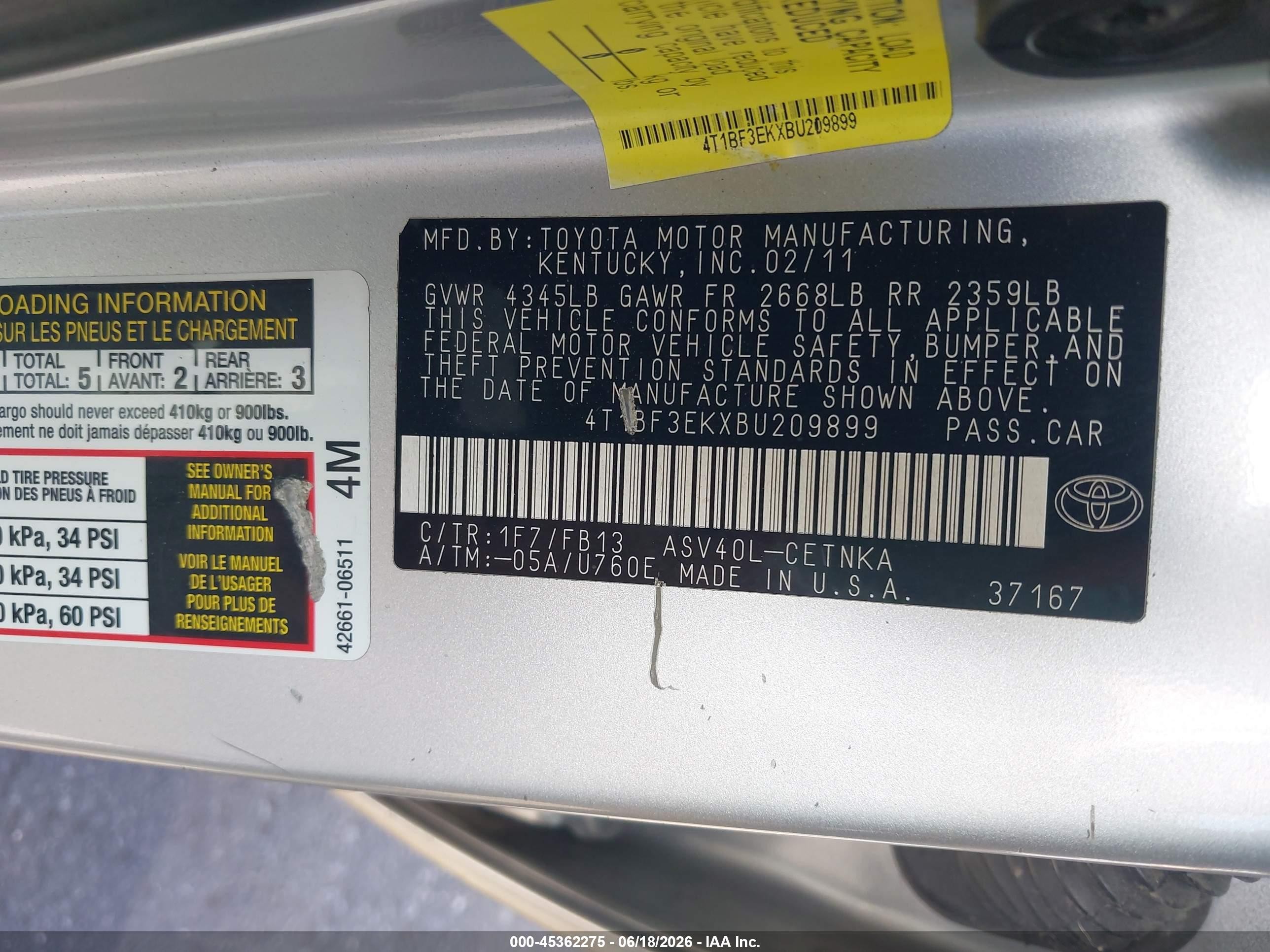 2011 Toyota Camry Le Silver vin: 4T1BF3EKXBU209899