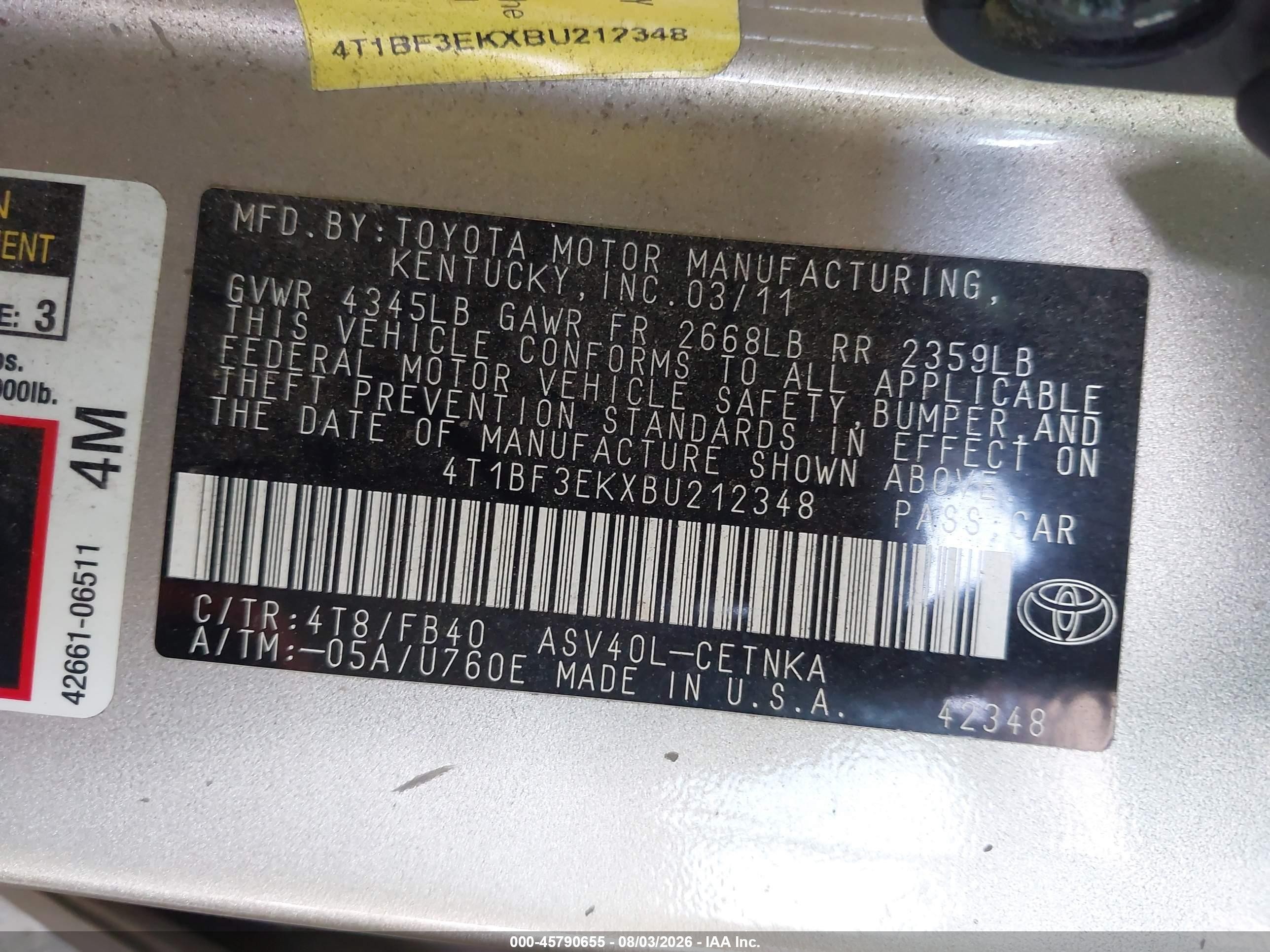2011 Toyota Camry   Gold vin: 4T1BF3EKXBU212348