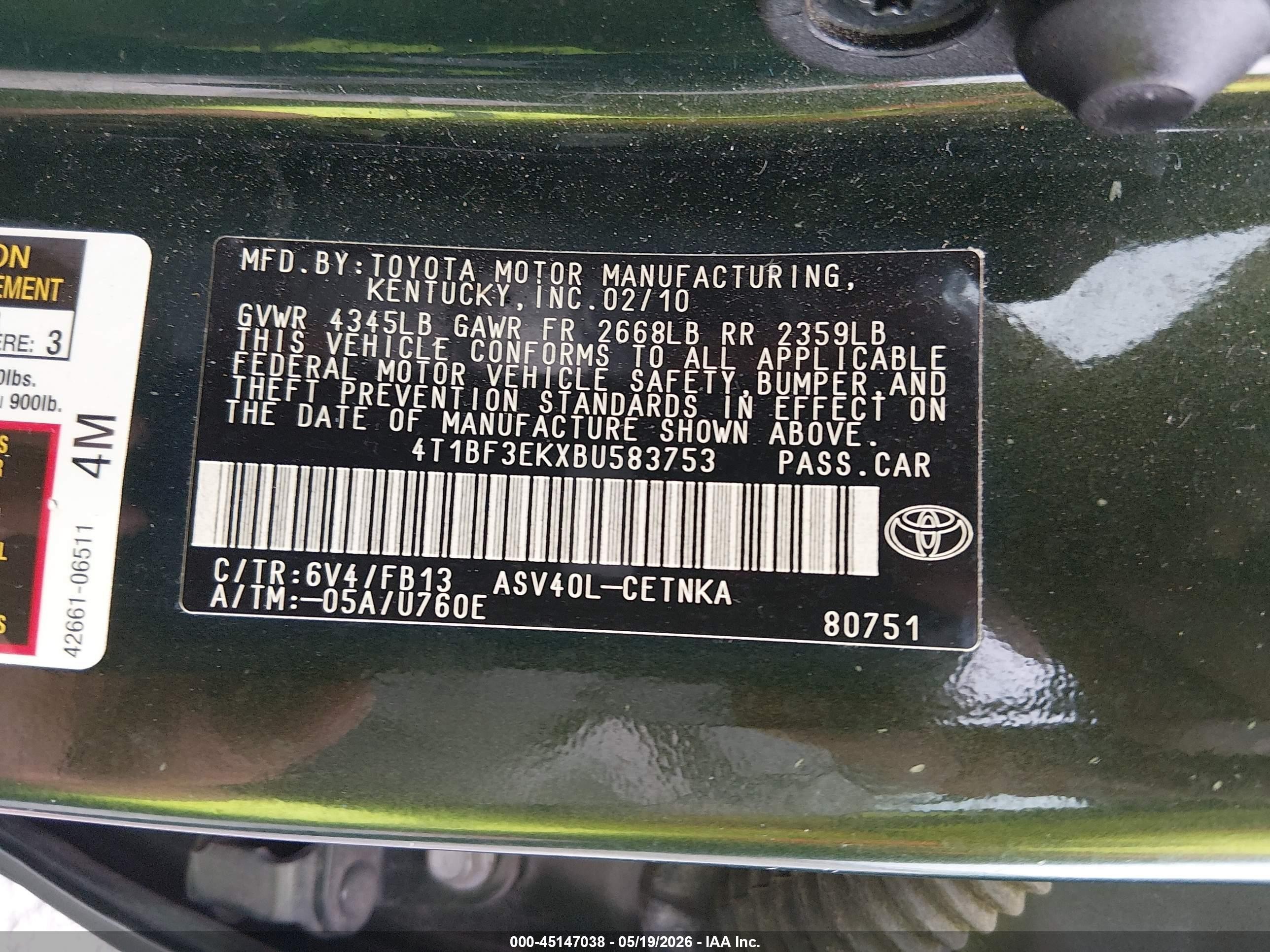 2011 Toyota Camry Le Green vin: 4T1BF3EKXBU583753