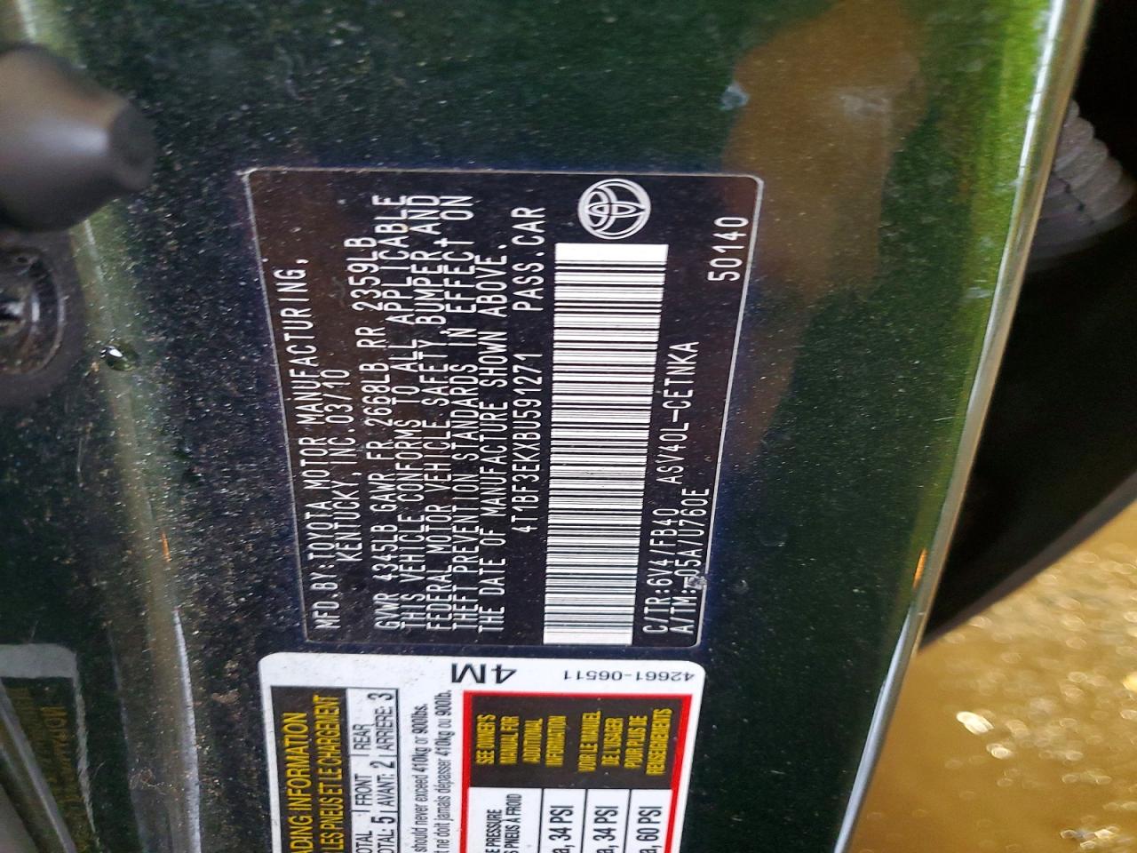 2011 Toyota Camry Le Green vin: 4T1BF3EKXBU591271