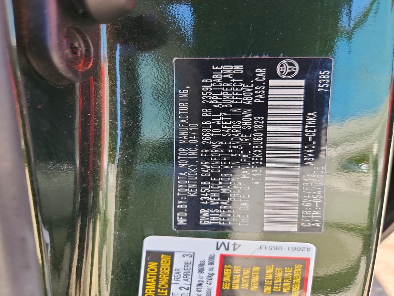 2011 Toyota Camry Le Green vin: 4T1BF3EKXBU601829