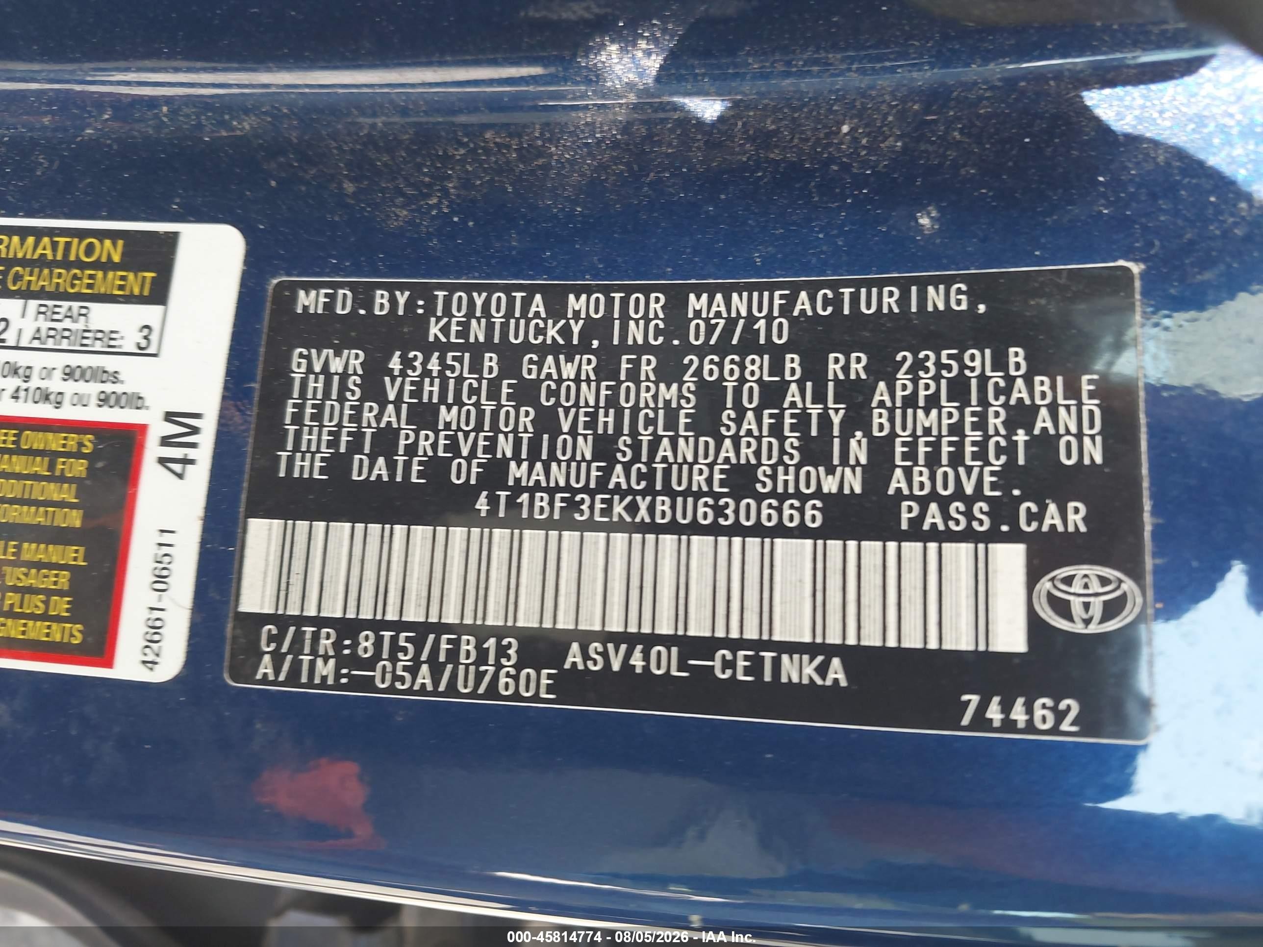 2011 Toyota Camry Le Blue vin: 4T1BF3EKXBU630666