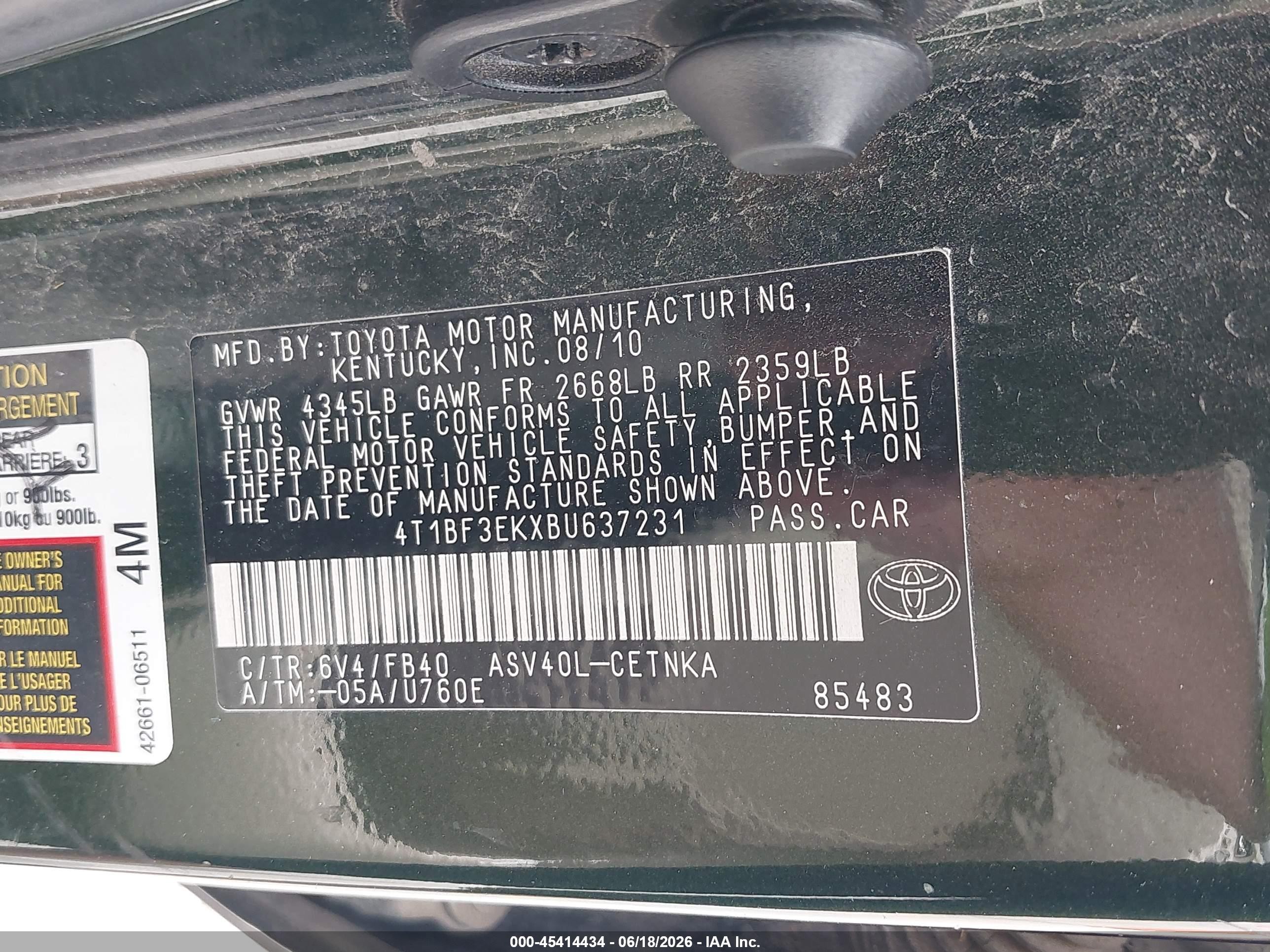 2011 Toyota Camry Le Green vin: 4T1BF3EKXBU637231