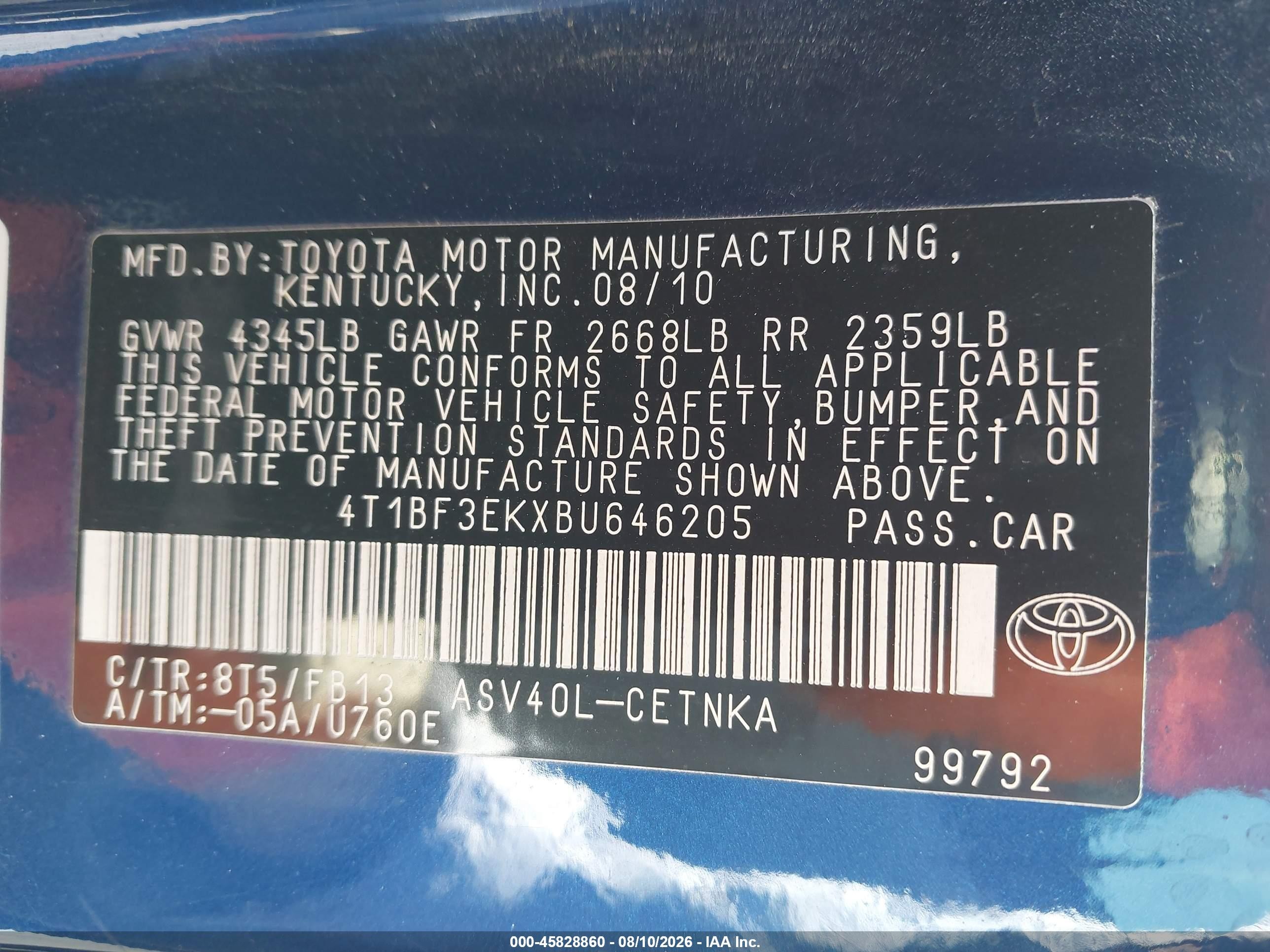 2011 Toyota Camry Le Blue vin: 4T1BF3EKXBU646205