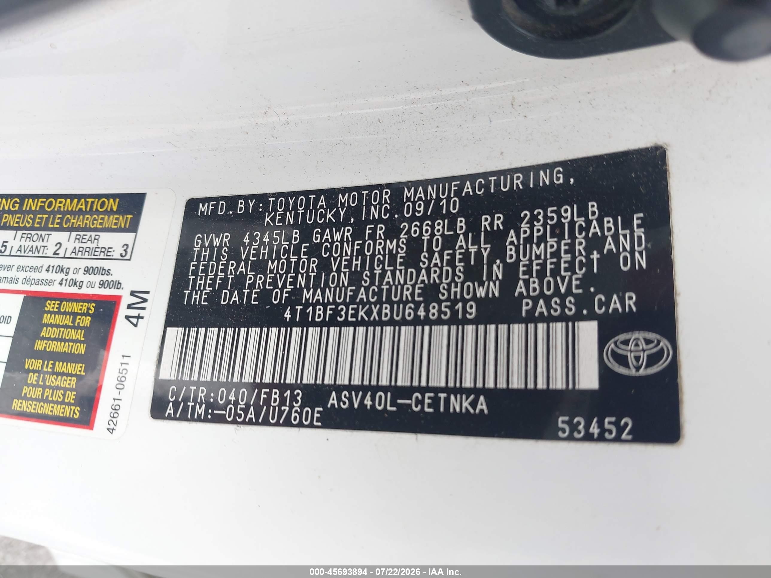 2011 Toyota Camry Le Белый vin: 4T1BF3EKXBU648519