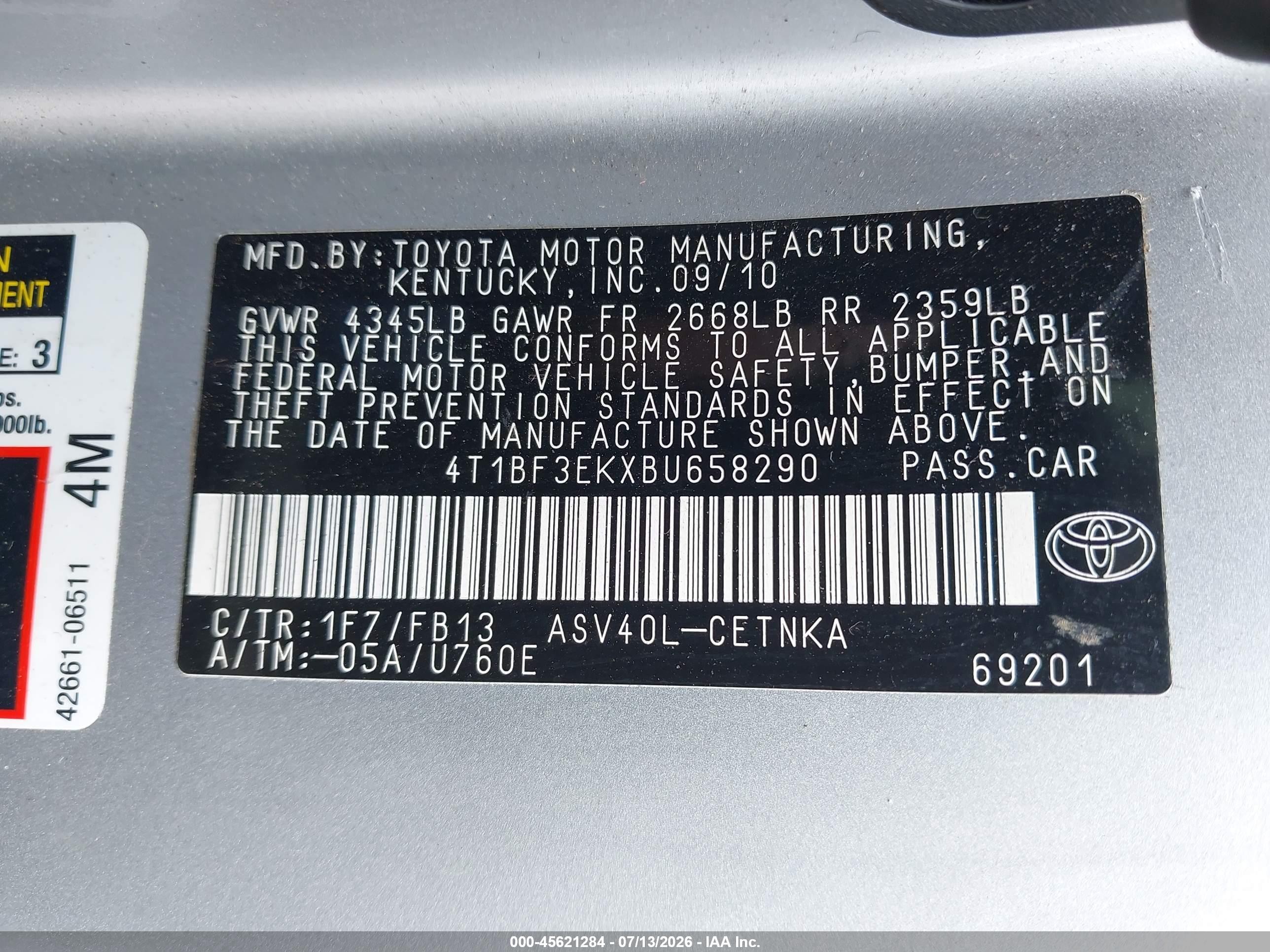 2011 Toyota Camry Le Silver vin: 4T1BF3EKXBU658290