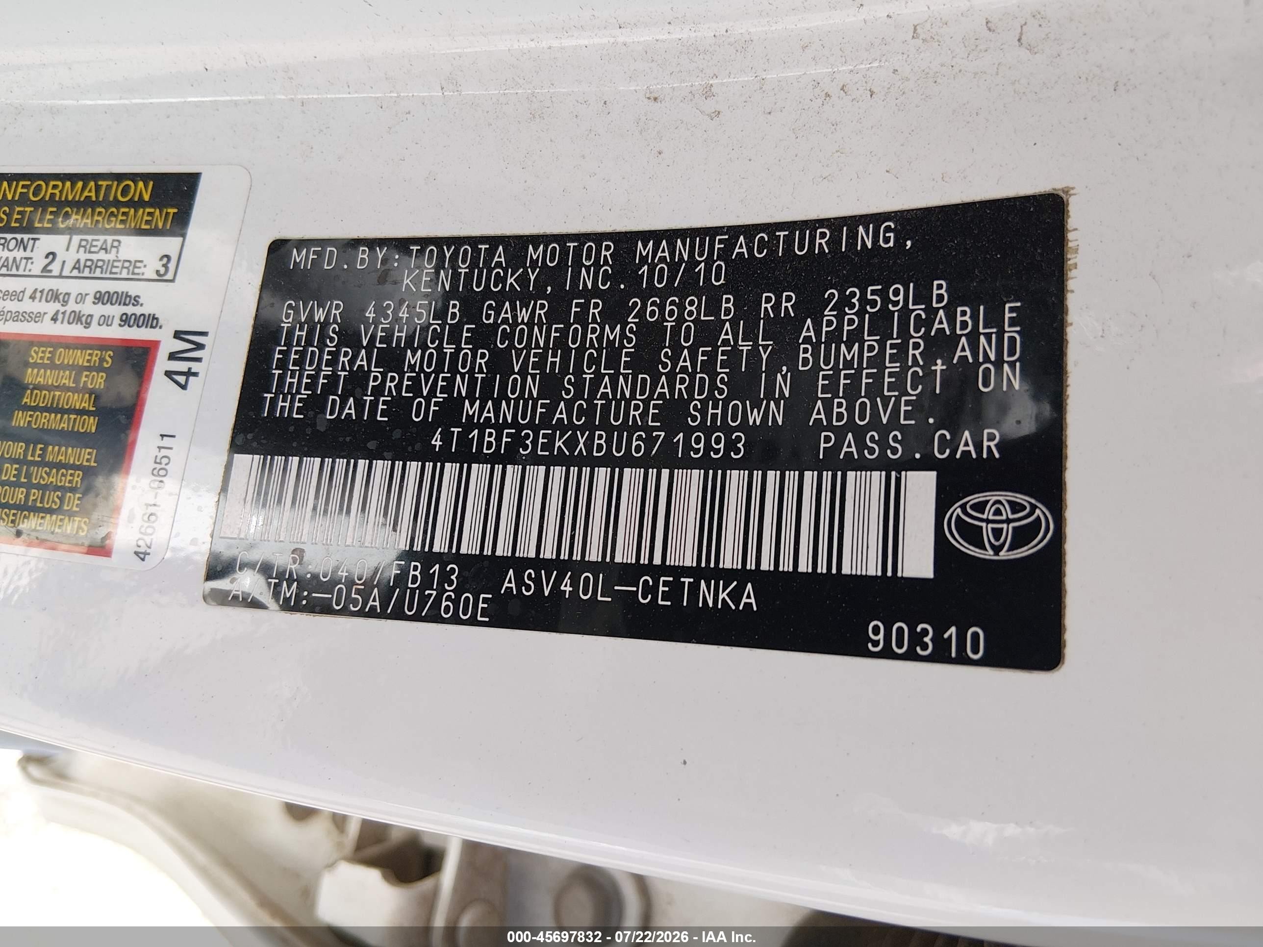 2011 Toyota Camry Le Белый vin: 4T1BF3EKXBU671993