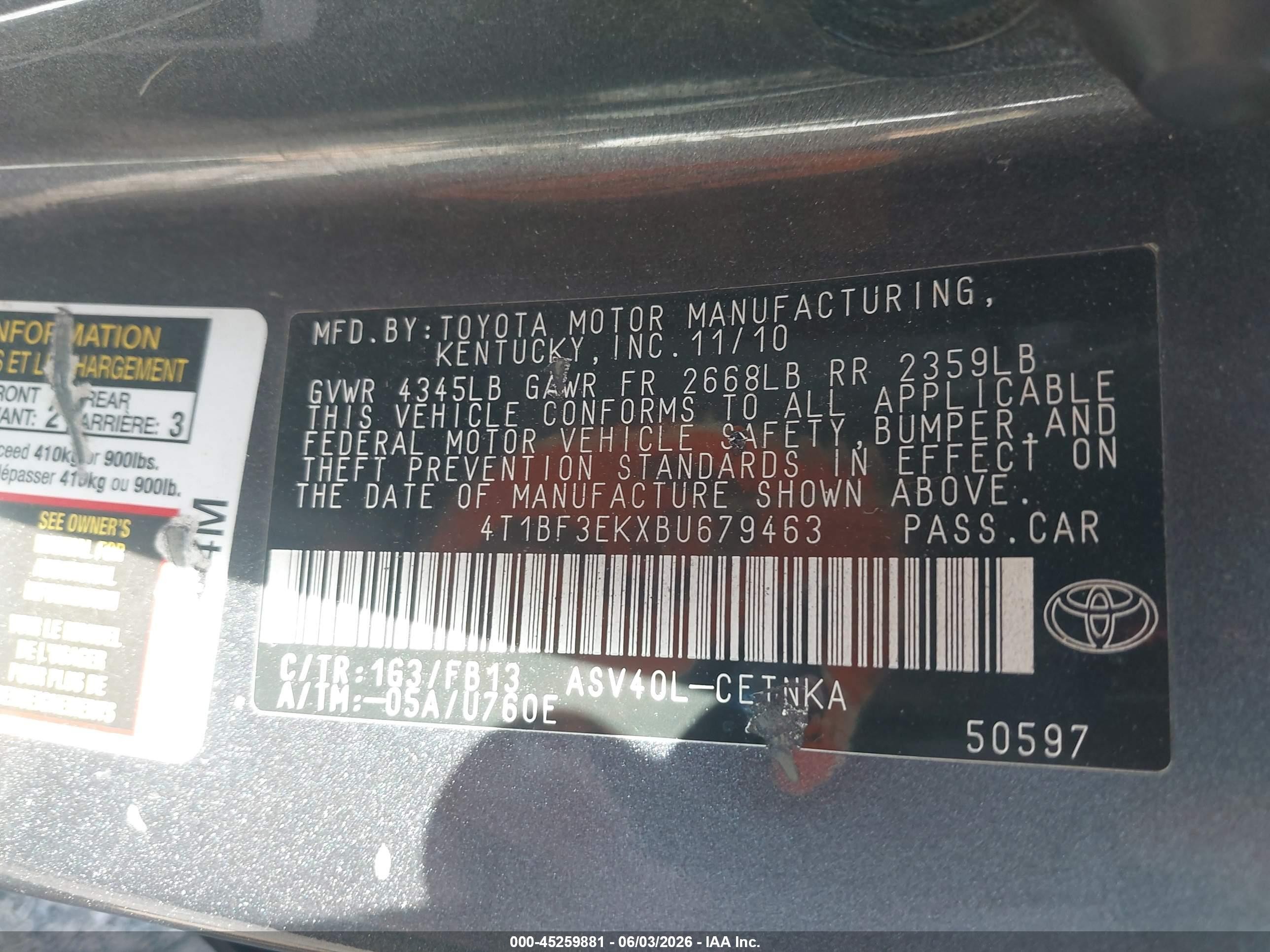 2011 Toyota Camry Le Gray vin: 4T1BF3EKXBU679463