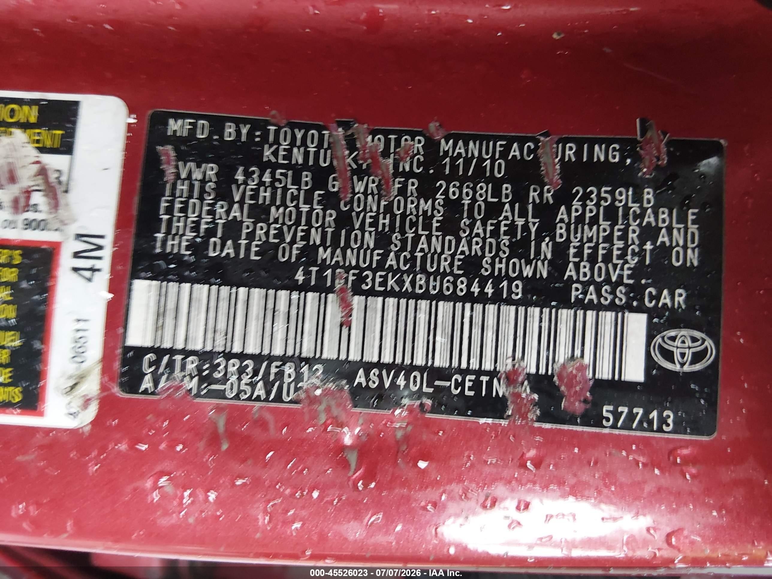 2011 Toyota Camry Le Red vin: 4T1BF3EKXBU684419