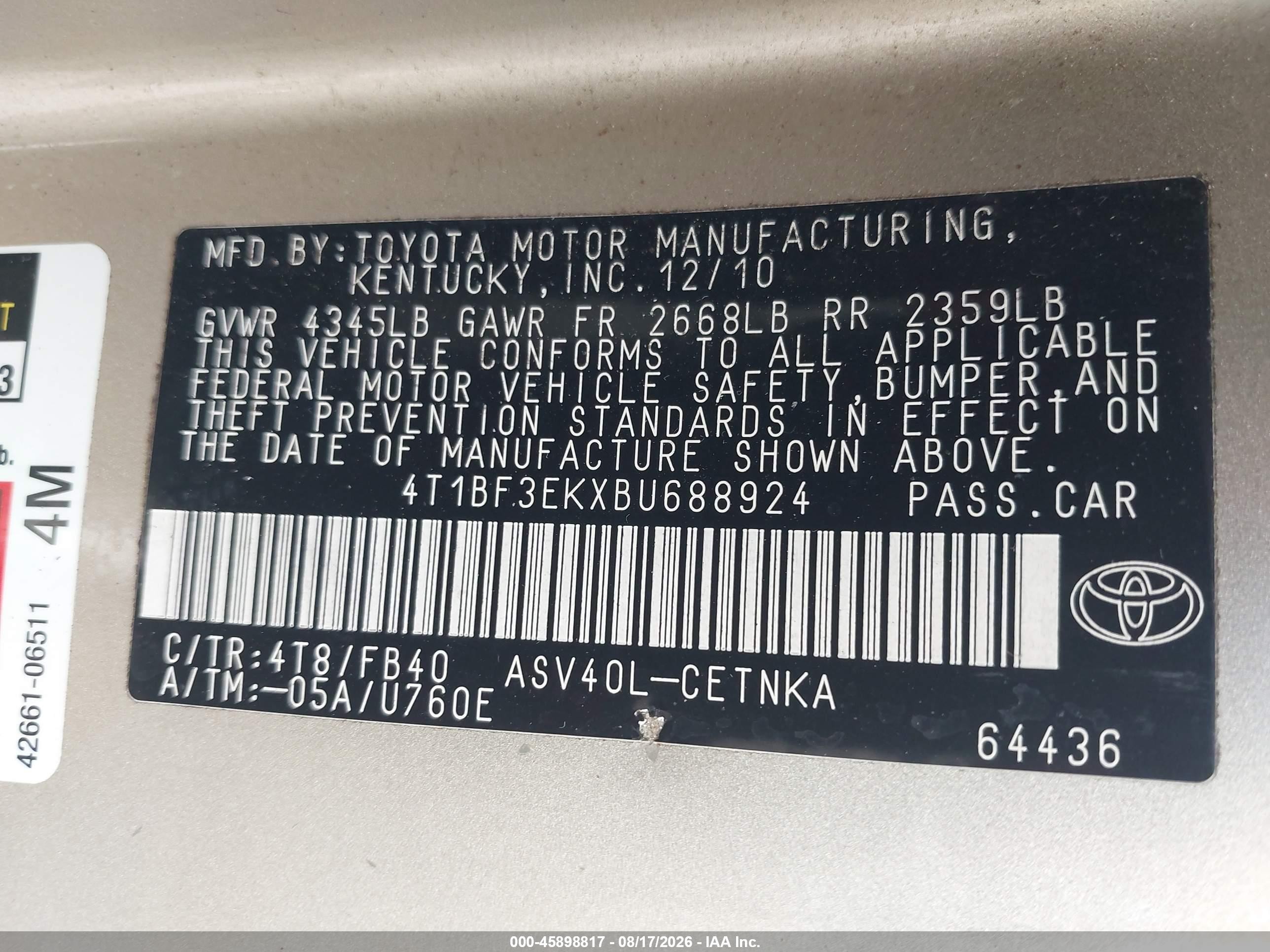 2011 Toyota Camry Le Tan vin: 4T1BF3EKXBU688924