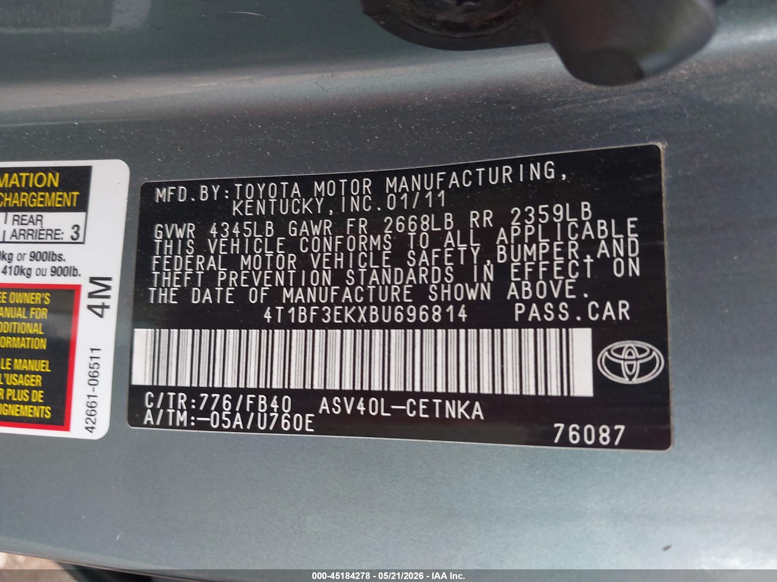 2011 Toyota Camry Le Light Blue vin: 4T1BF3EKXBU696814