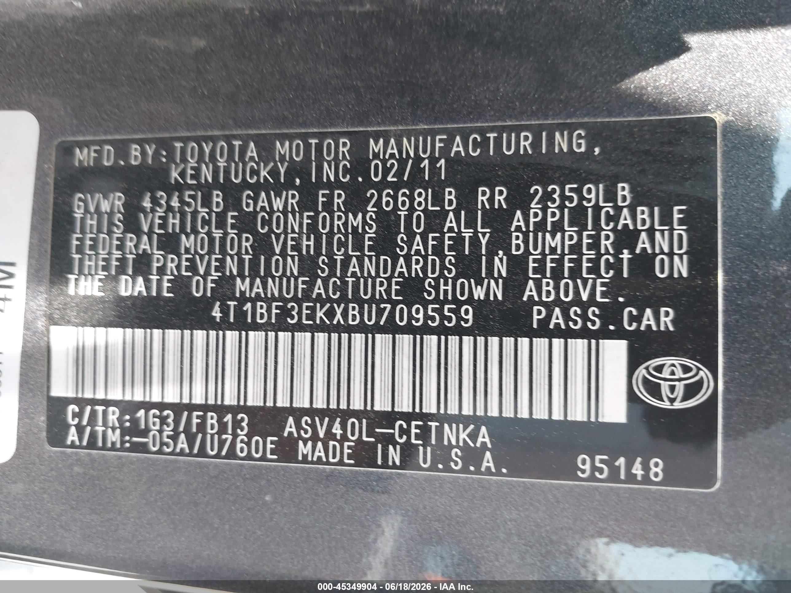 2011 Toyota Camry Le Gray vin: 4T1BF3EKXBU709559