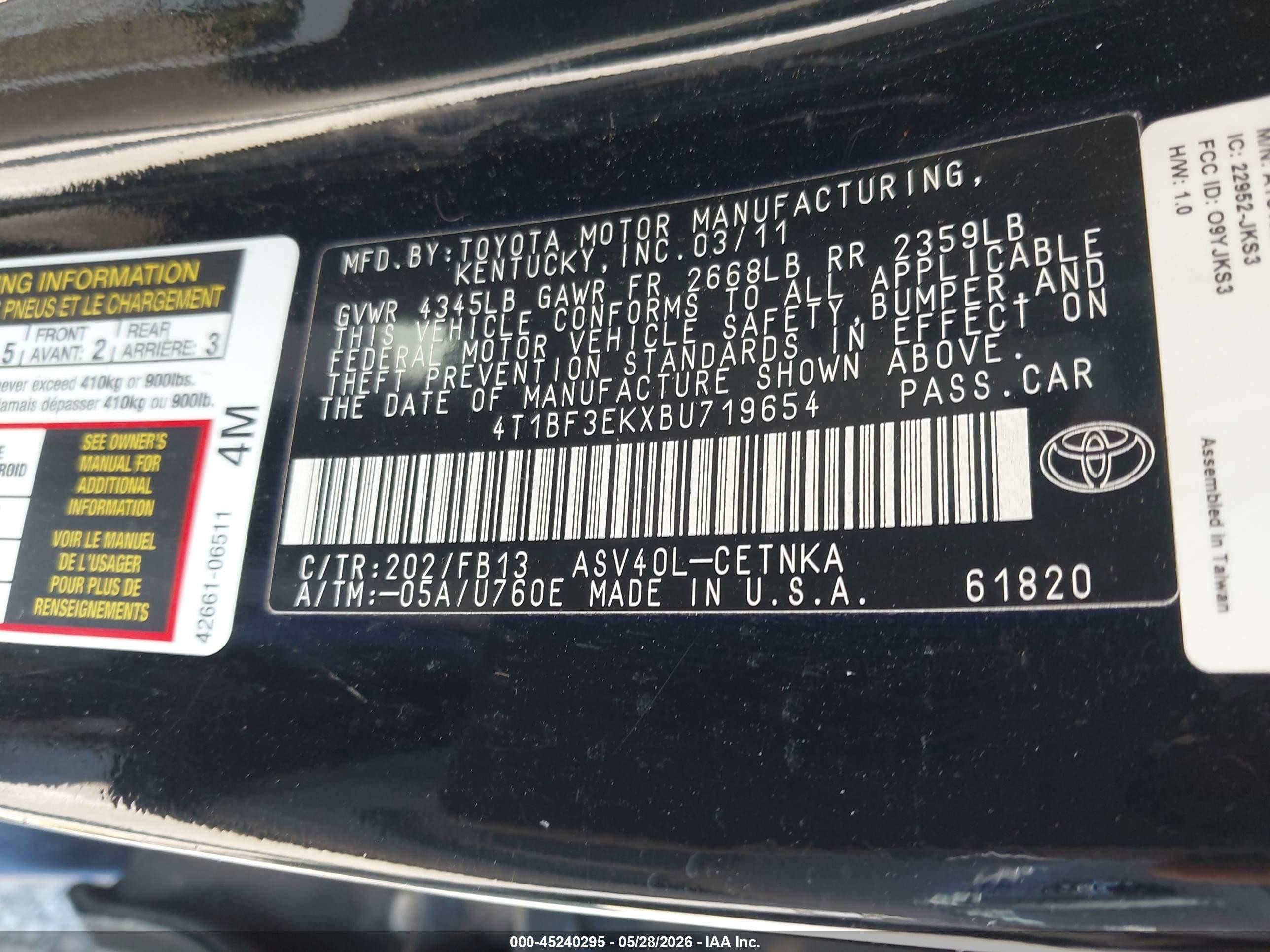 2011 Toyota Camry Le Черный vin: 4T1BF3EKXBU719654