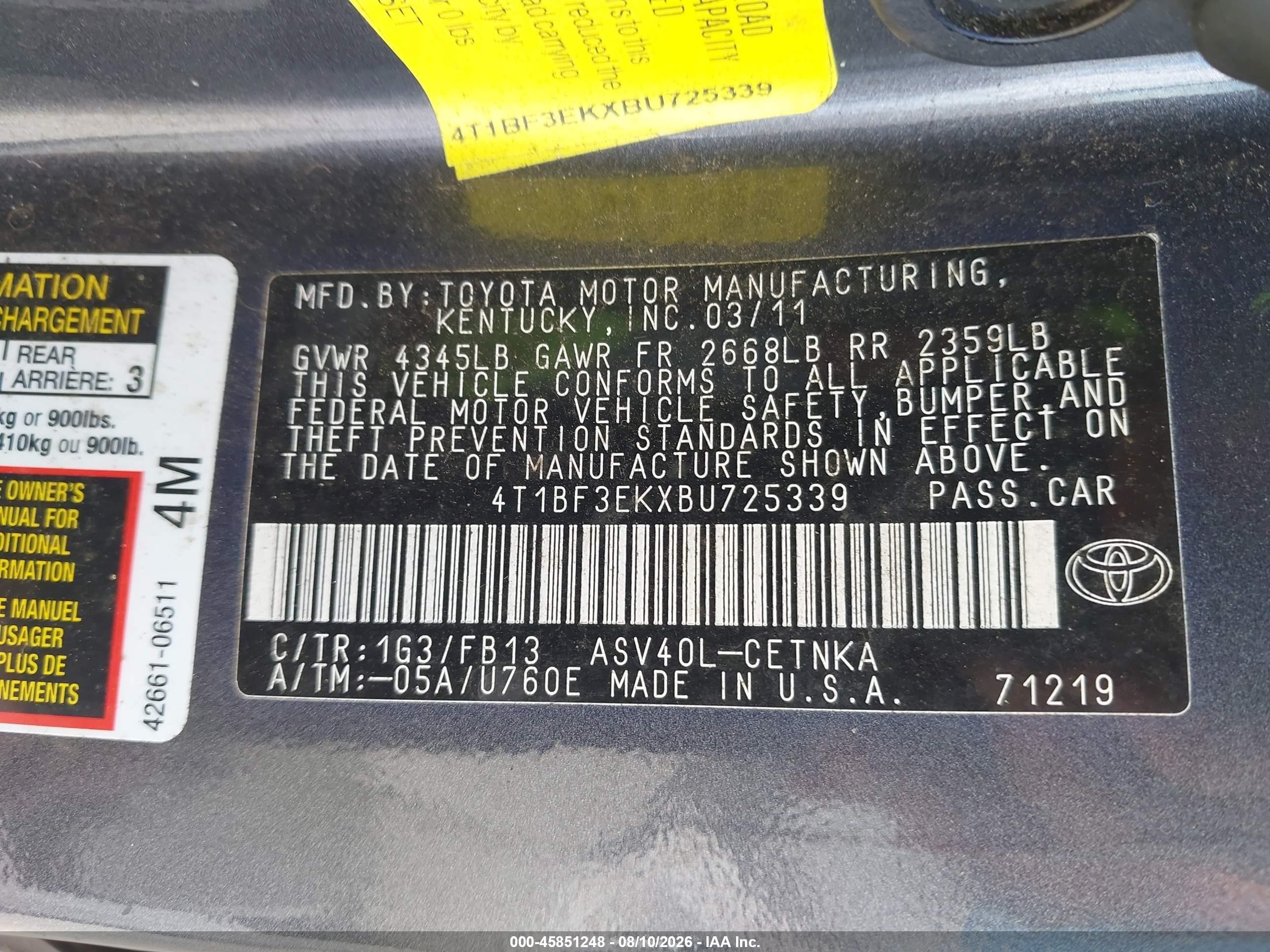 2011 Toyota Camry Le Gray vin: 4T1BF3EKXBU725339
