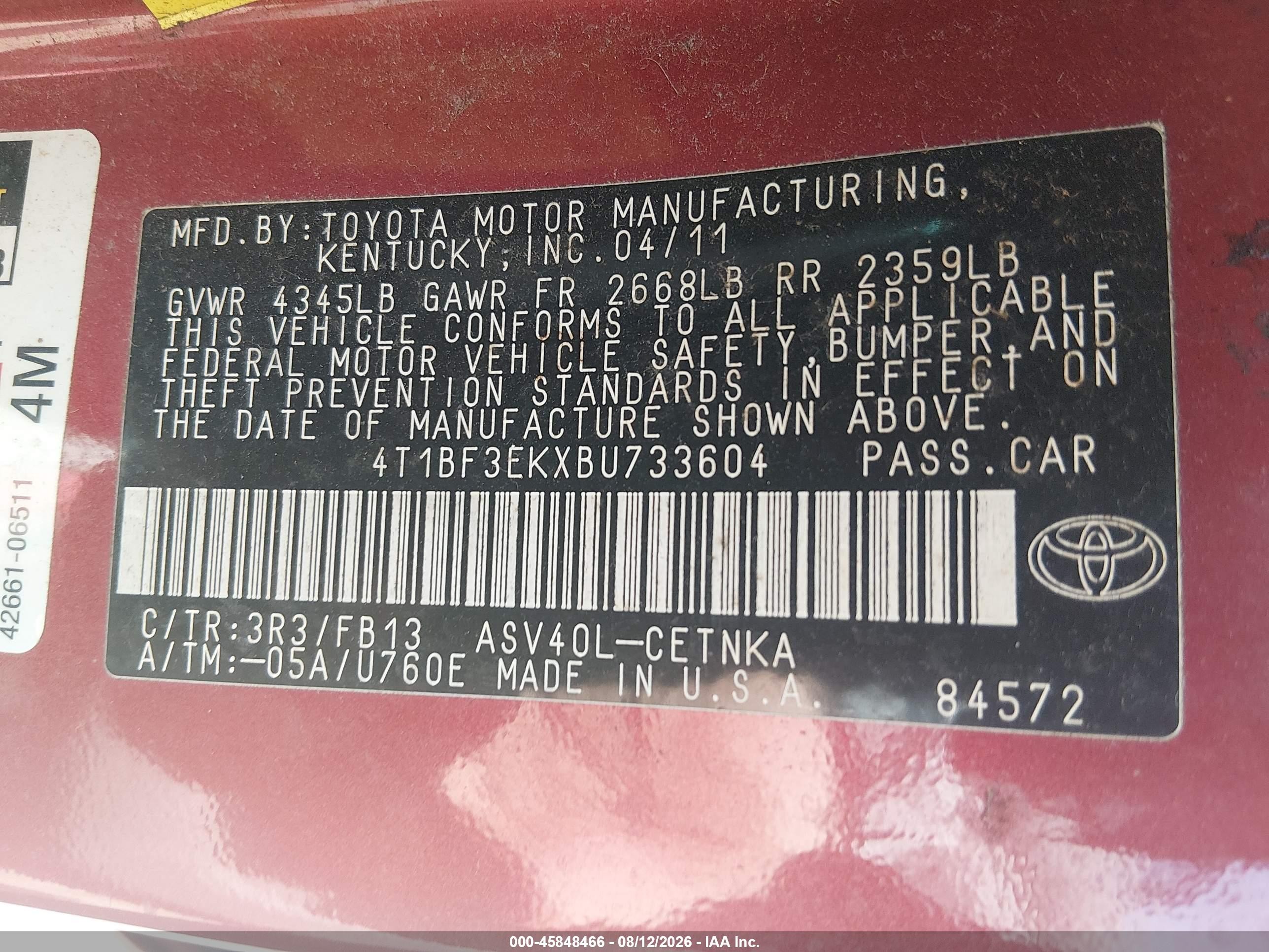 2011 Toyota Camry Le Red vin: 4T1BF3EKXBU733604
