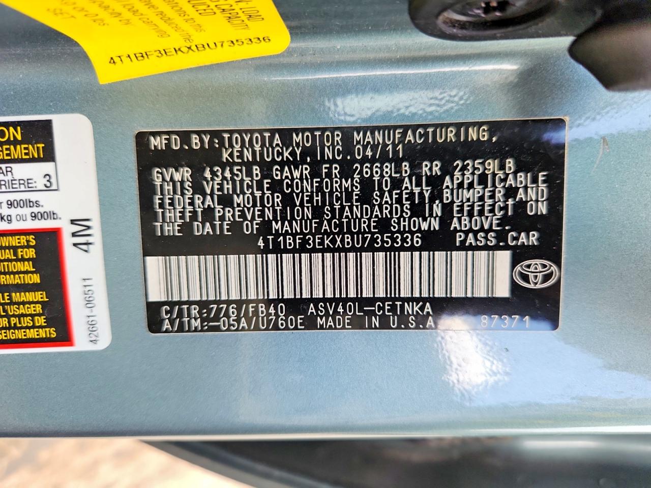 2011 Toyota Camry Le Teal vin: 4T1BF3EKXBU735336