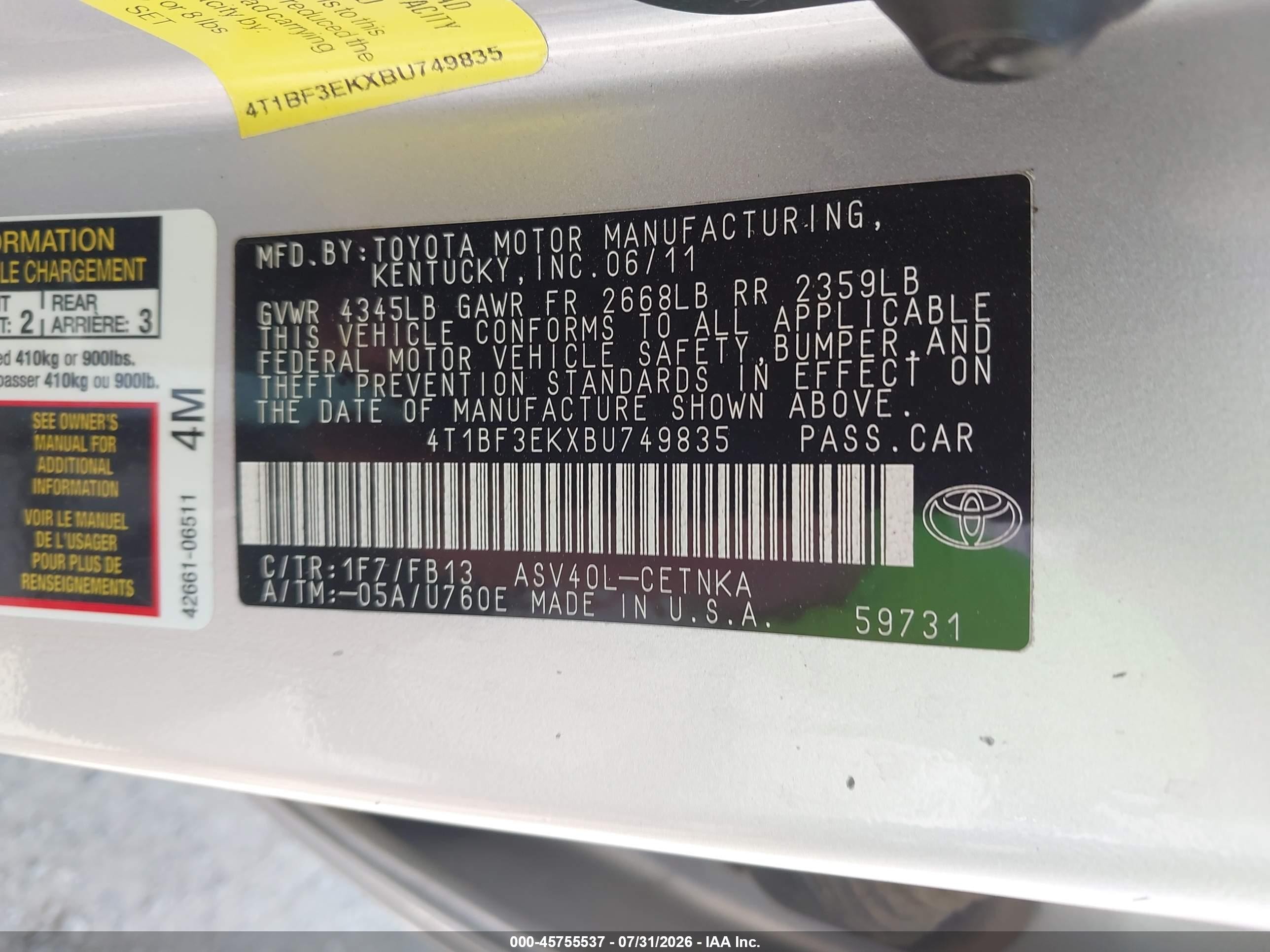 2011 Toyota Camry Le Silver vin: 4T1BF3EKXBU749835