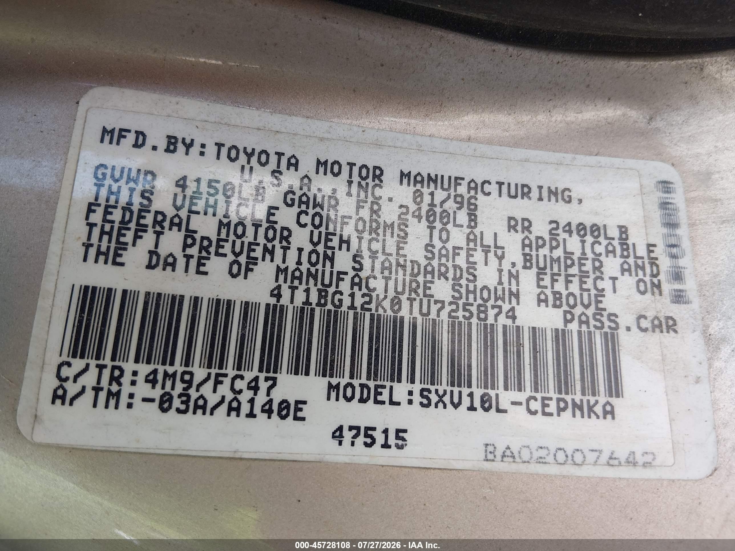 1996 Toyota Camry Dx/le/xle Champagne vin: 4T1BG12K0TU725874