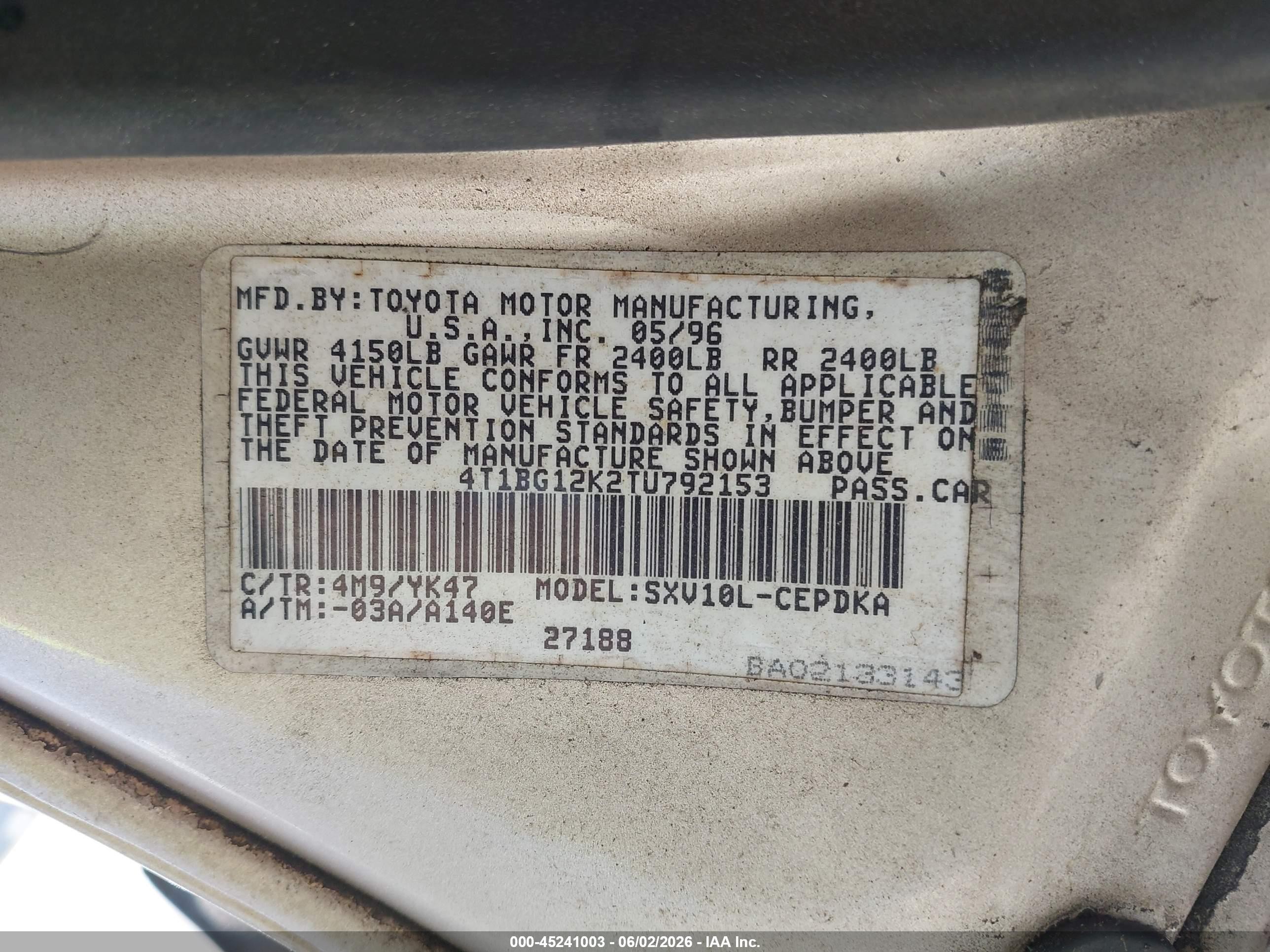 1996 Toyota Camry Dx/le/xle Tan vin: 4T1BG12K2TU792153