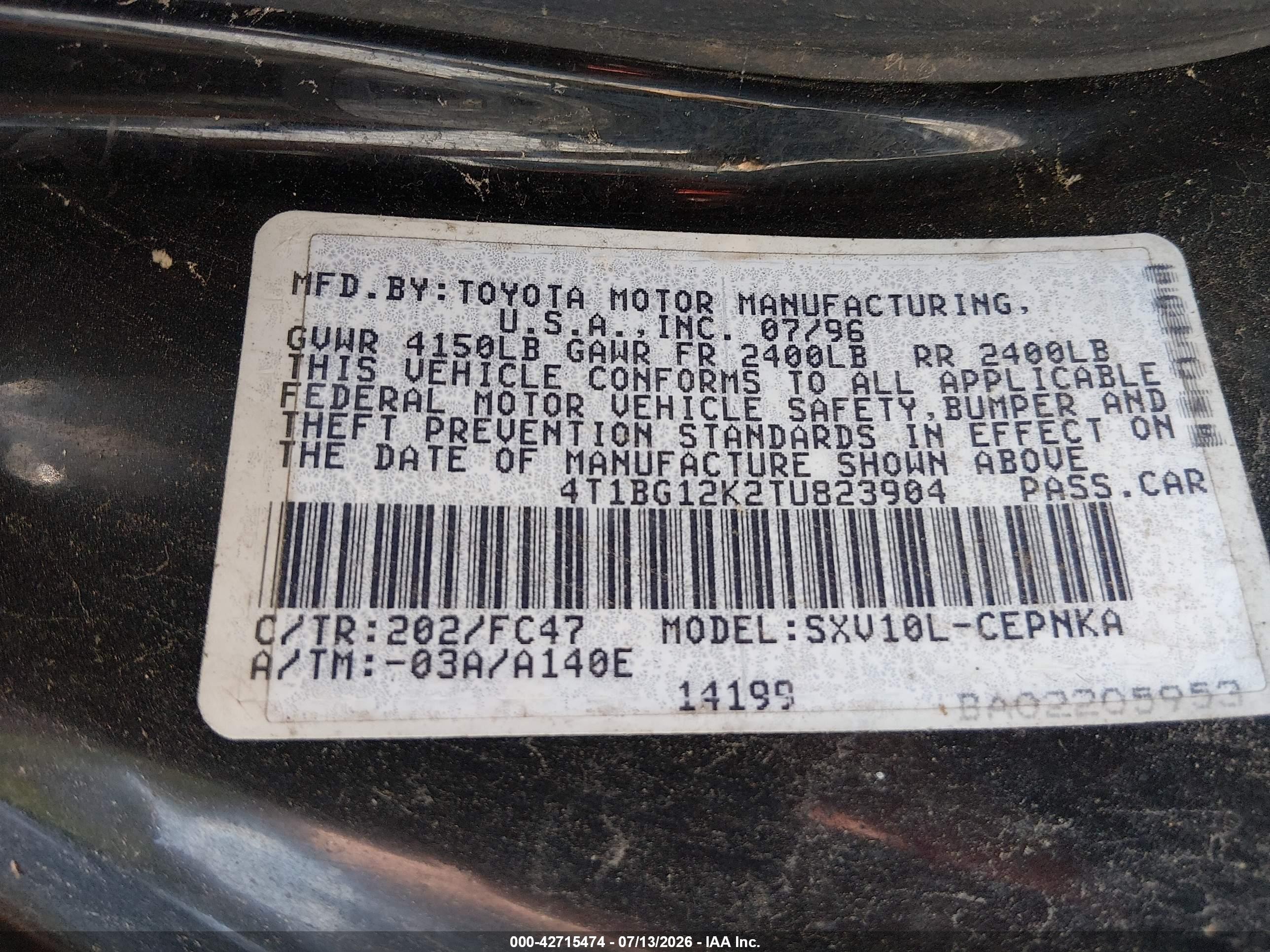 1996 Toyota Camry Dx/le/xle Черный vin: 4T1BG12K2TU823904