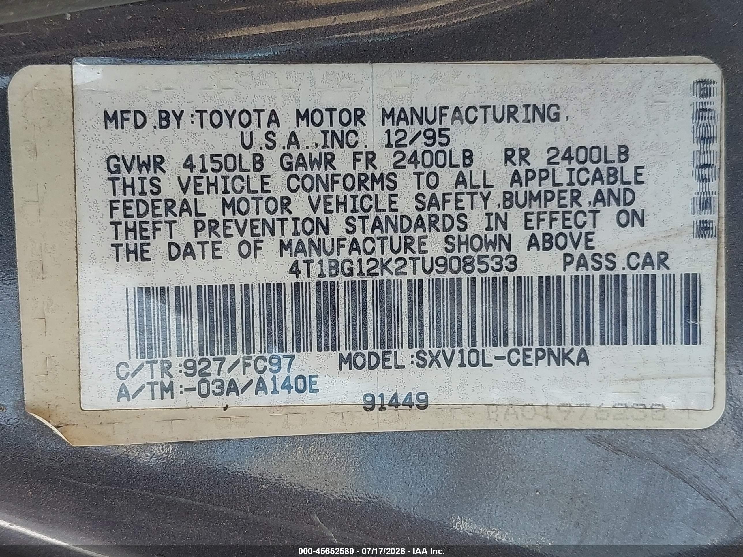 1996 Toyota Camry Dx/le/xle Gray vin: 4T1BG12K2TU908533