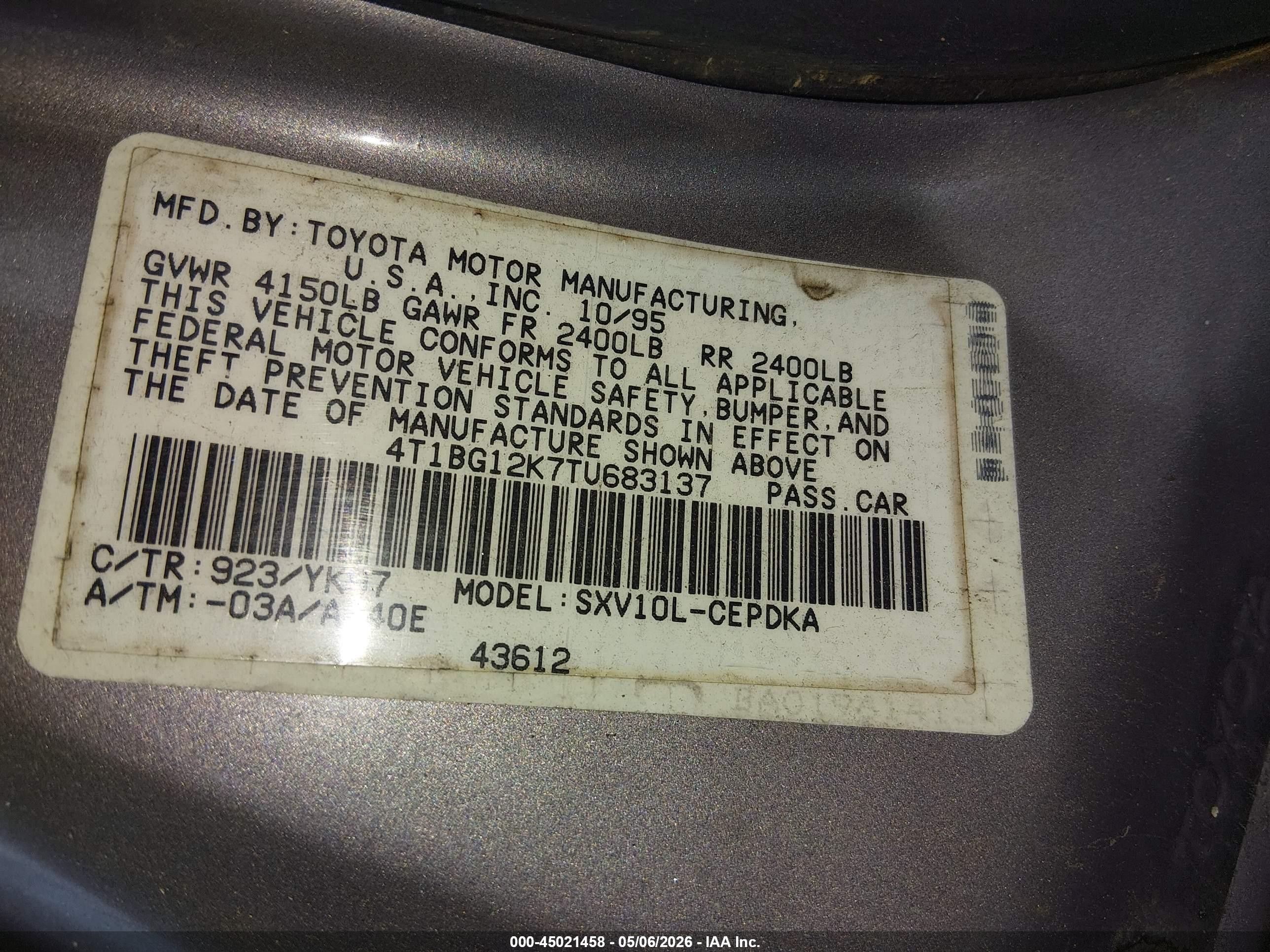1996 Toyota Camry Dx/le/xle Gray vin: 4T1BG12K7TU683137