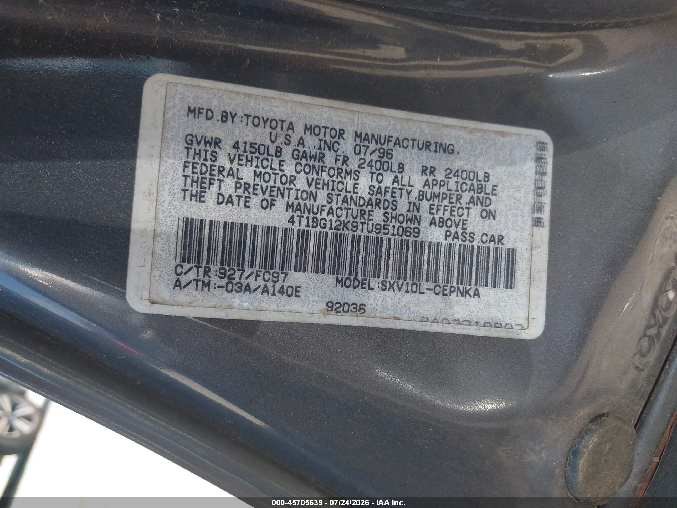 1996 Toyota Camry Dx/le/xle Gray vin: 4T1BG12K9TU951069
