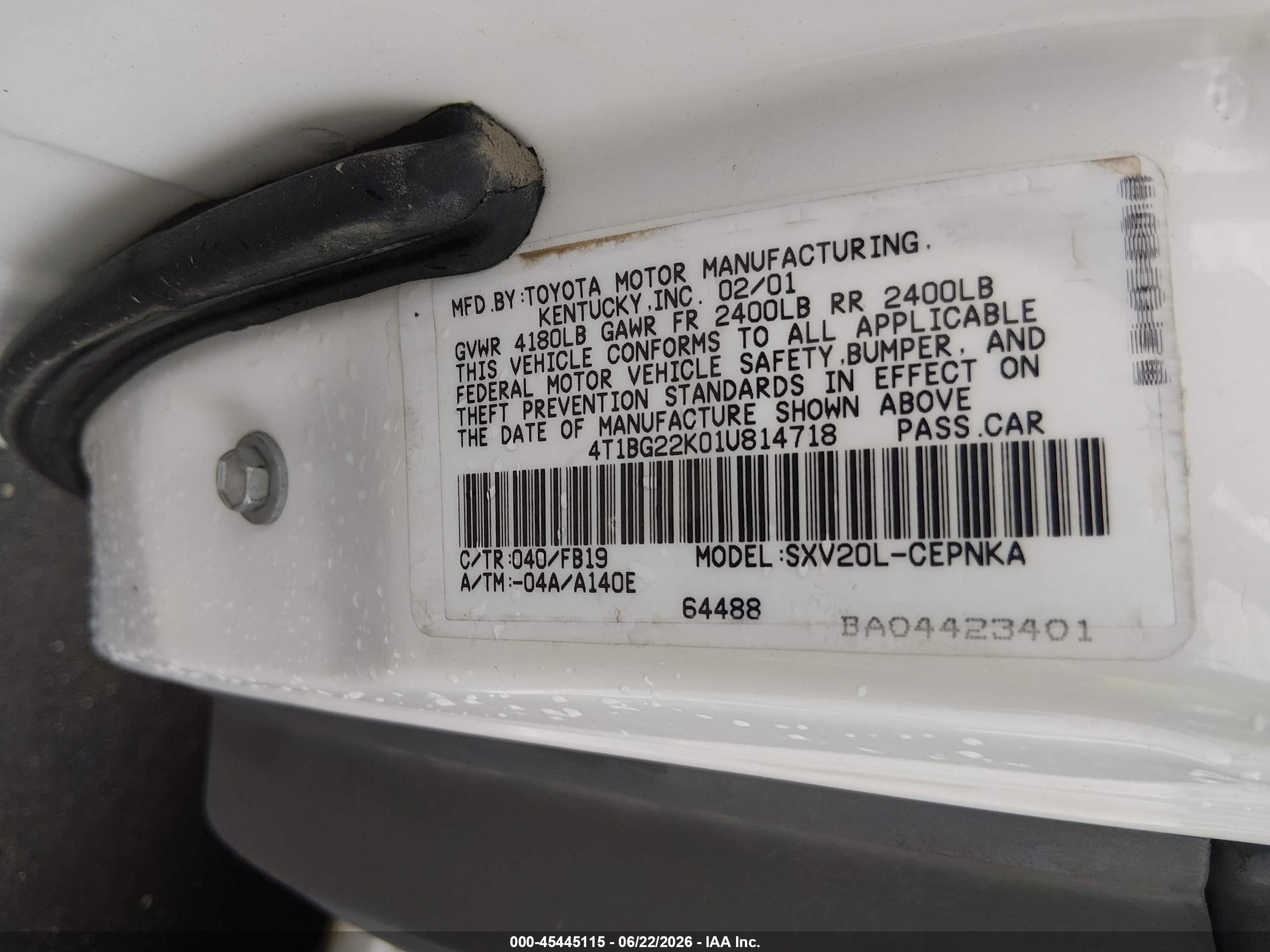 2001 Toyota Camry Le White vin: 4T1BG22K01U814718
