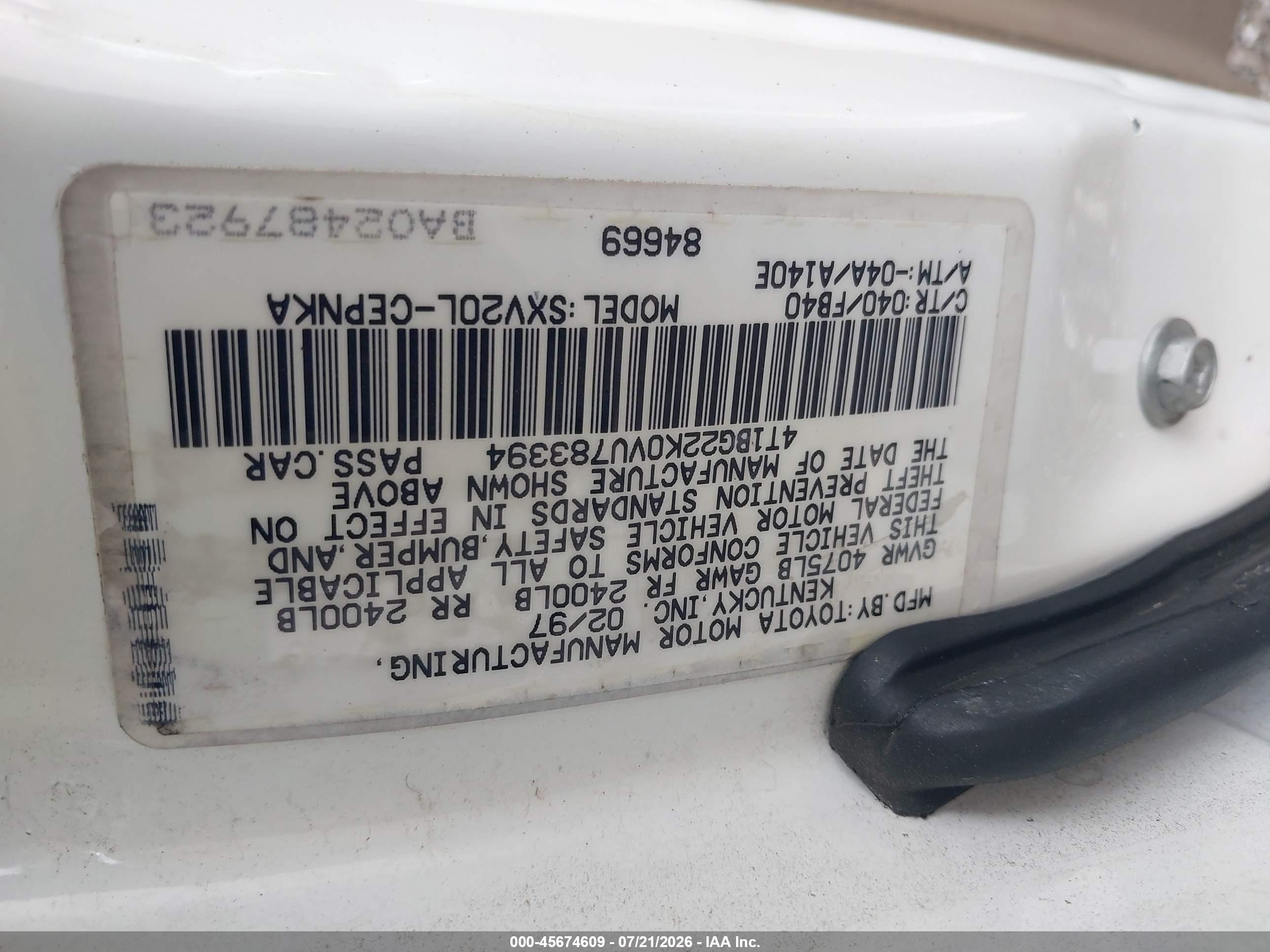 1997 Toyota Camry Ce/le/xle White vin: 4T1BG22K0VU783394