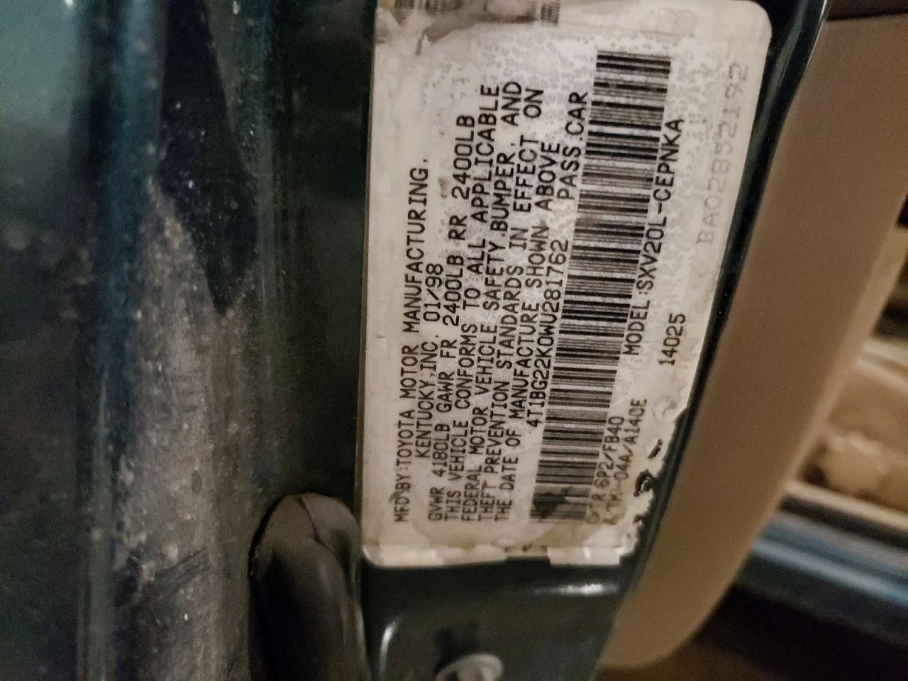 1998 Toyt Camry Зеленый vin: 4T1BG22K0WU281762
